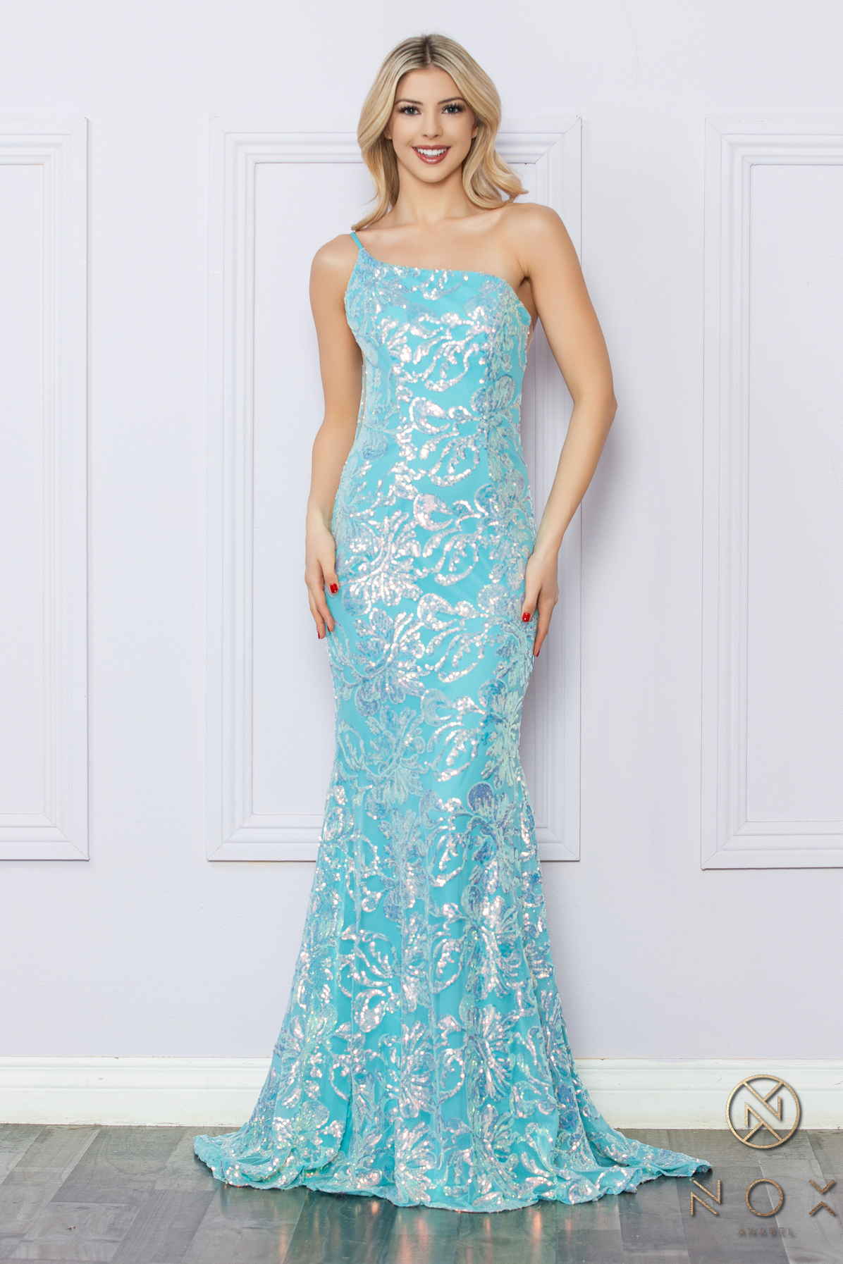 One Shoulder Sequin Gown with Illusion Side Cut-Out — Nox Anabel R1308