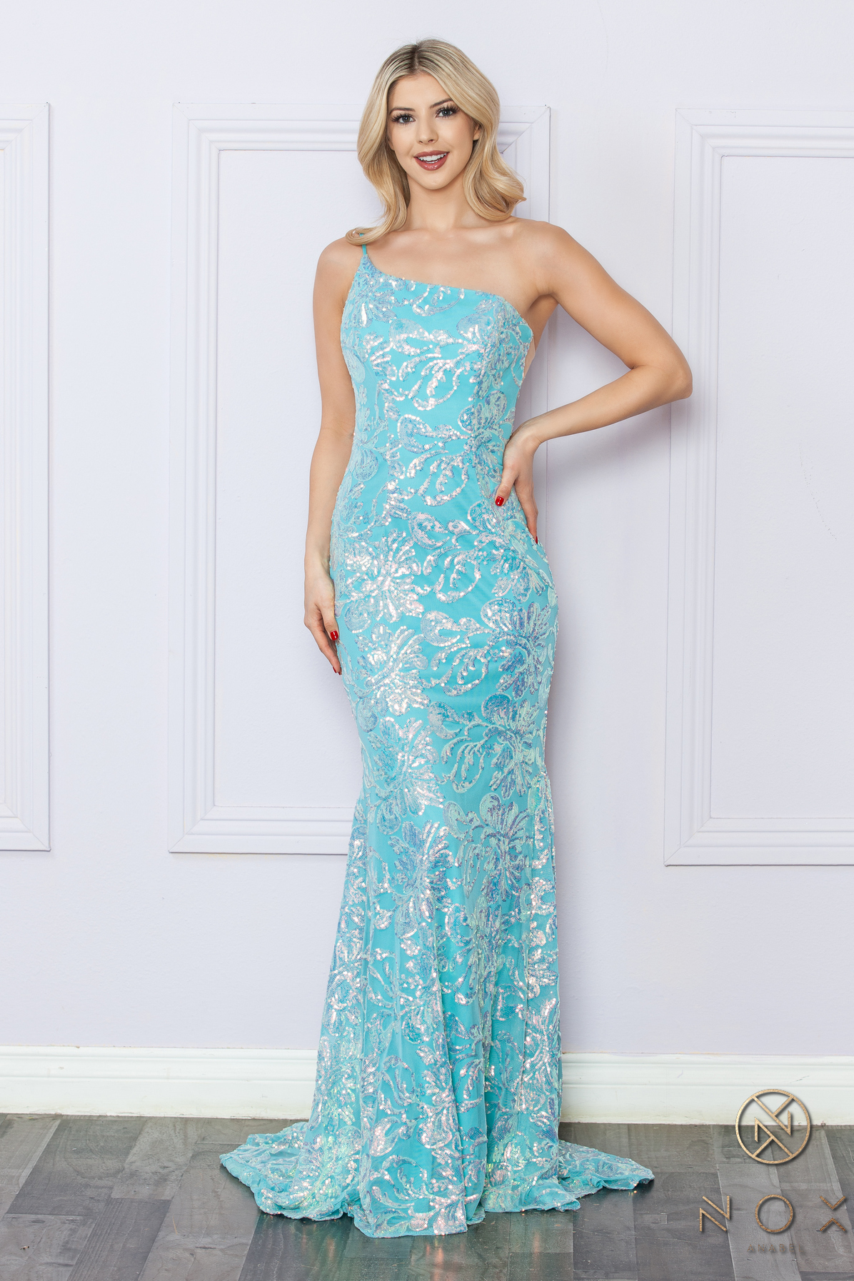 One Shoulder Sequin Gown with Illusion Side Cut-Out — Nox Anabel R1308