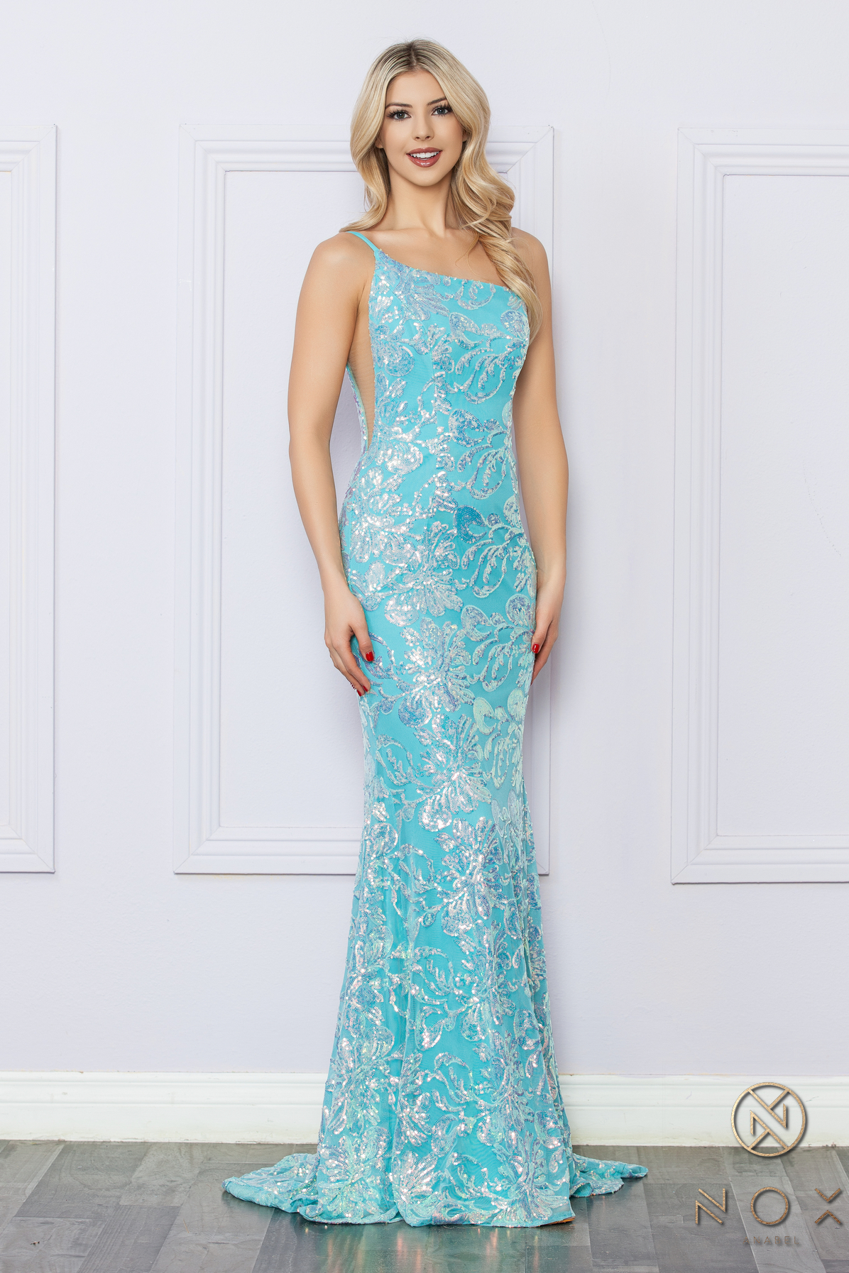 One Shoulder Sequin Gown with Illusion Side Cut-Out — Nox Anabel R1308