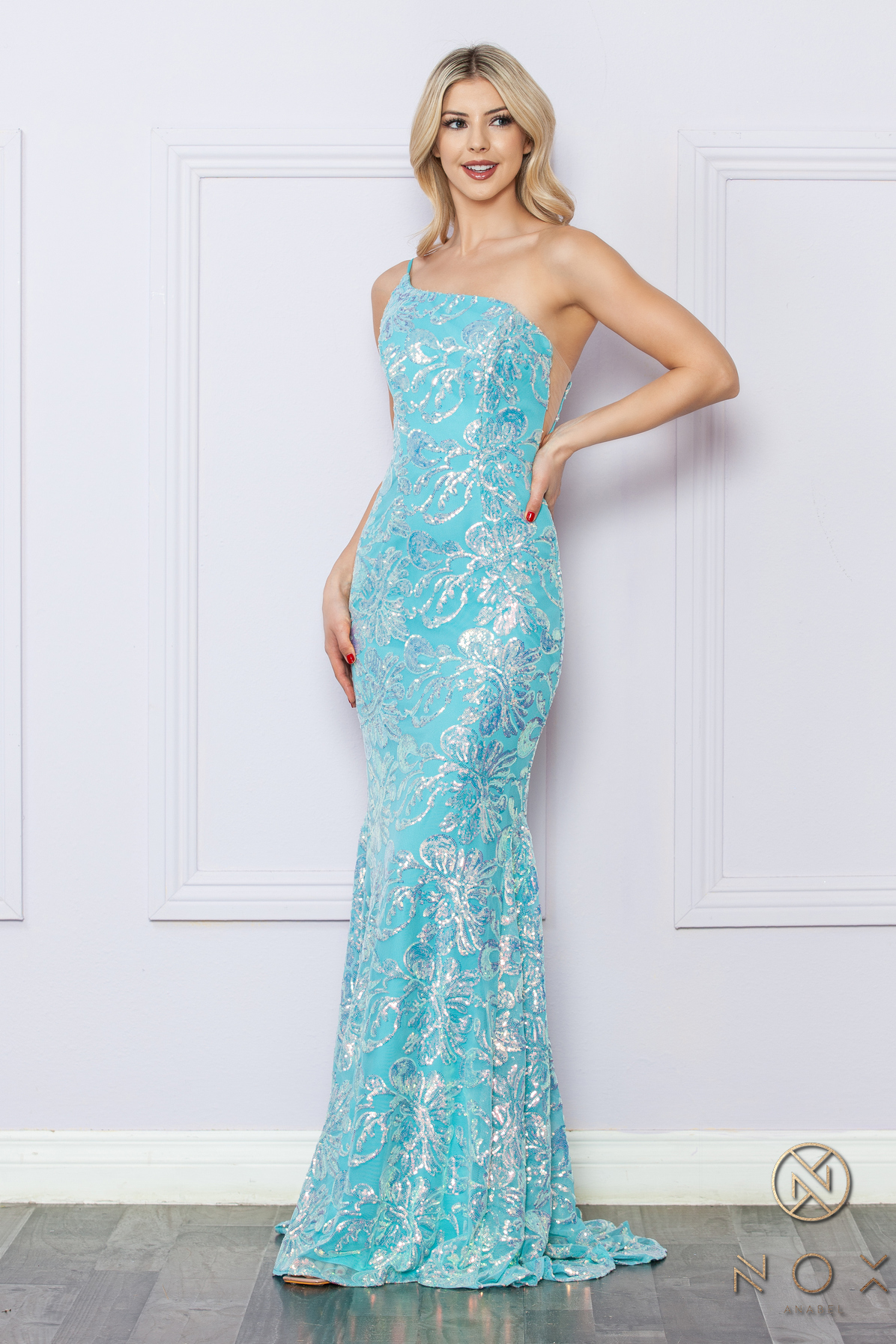 One Shoulder Sequin Gown with Illusion Side Cut-Out — Nox Anabel R1308