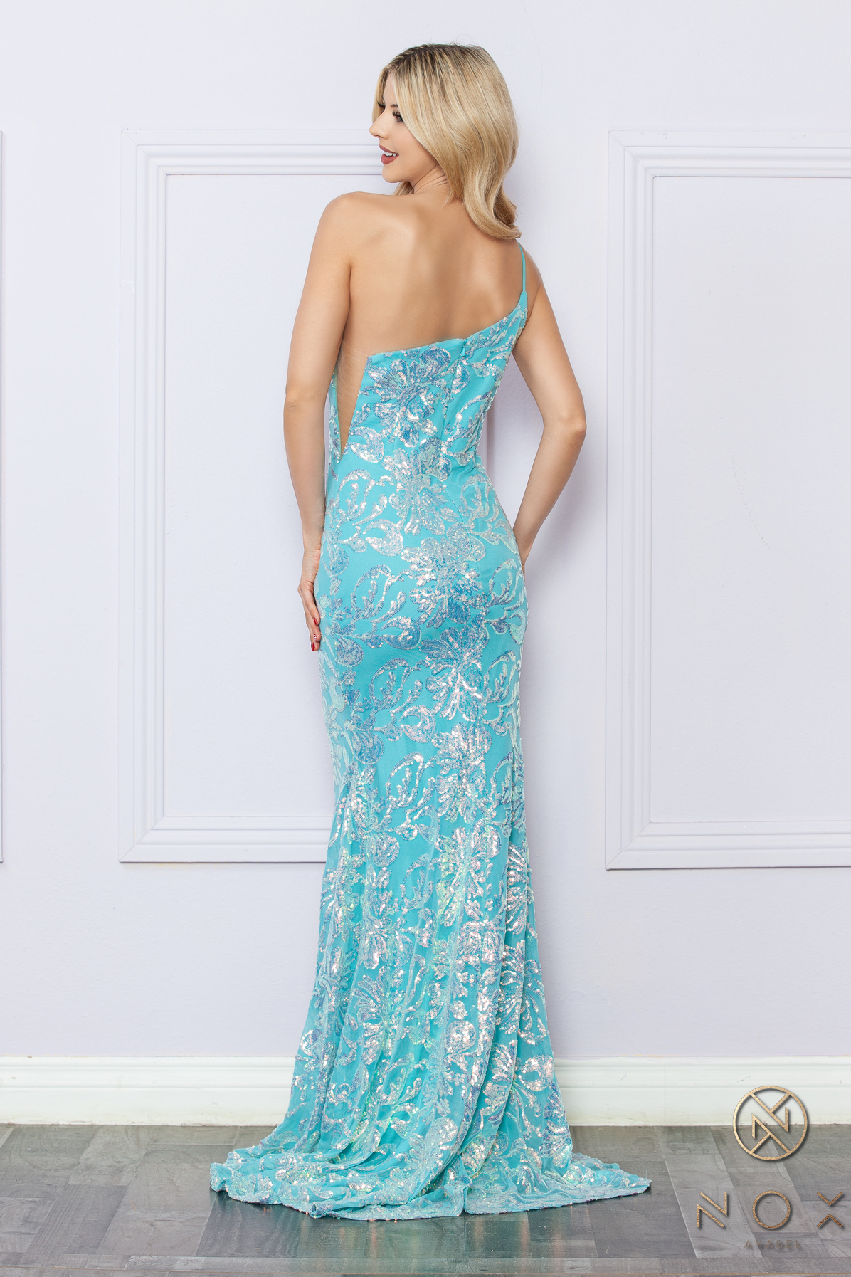 One Shoulder Sequin Gown with Illusion Side Cut-Out — Nox Anabel R1308