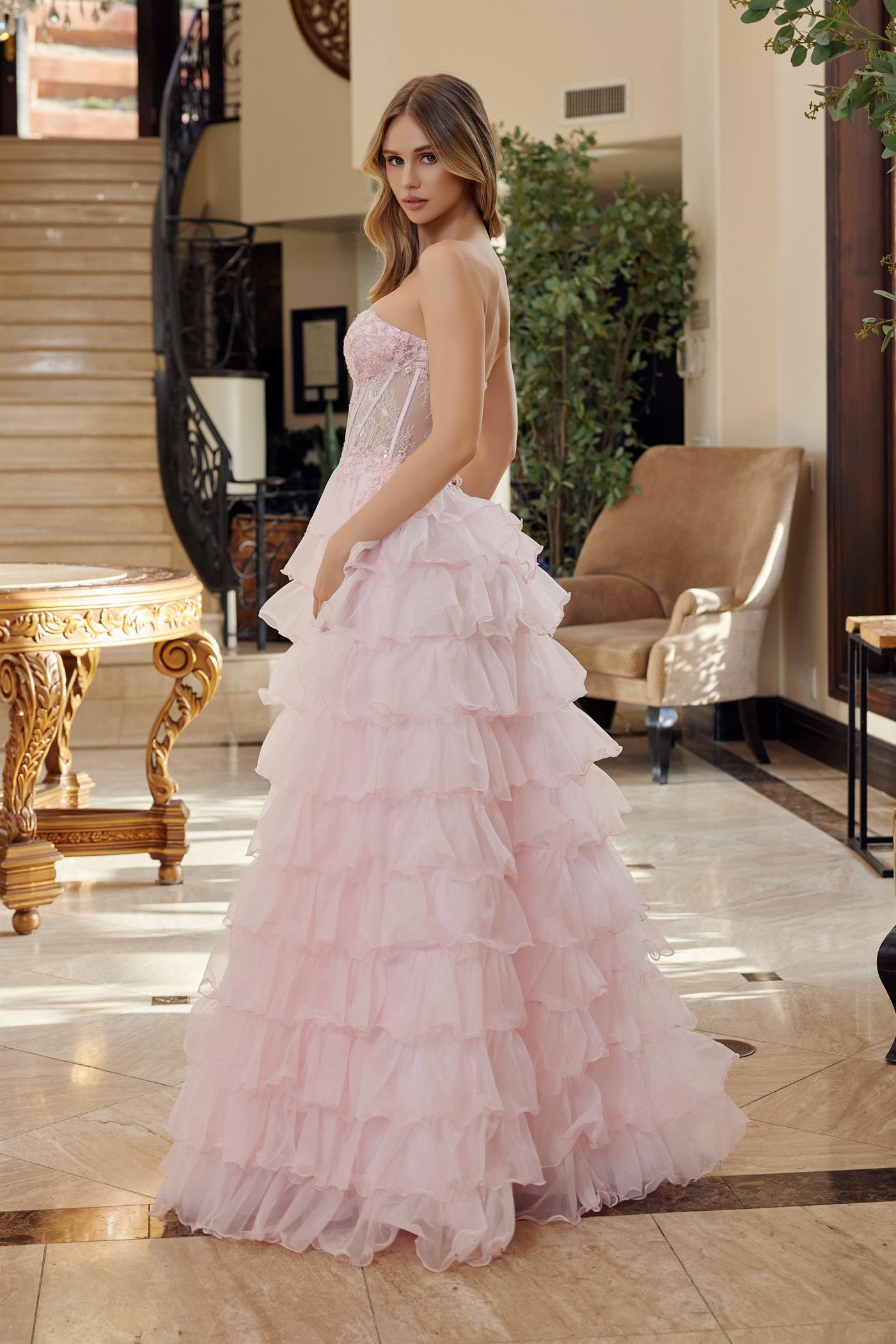 A-Line Long Gown with a Long Layered Skirt Boned Sheer Waistline Sweetheart Top — Nox Anabel R1688
