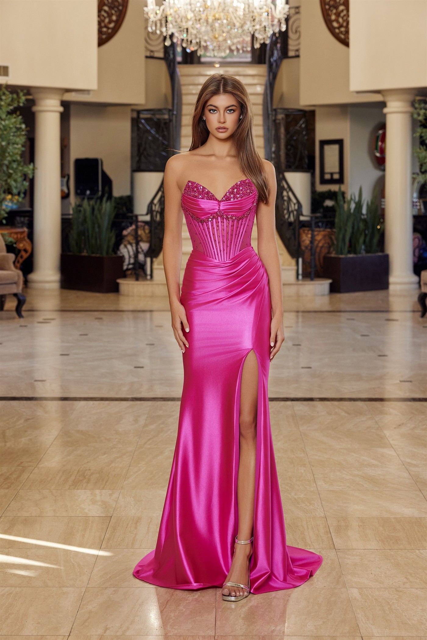 Shiny Satin Strapless V Neckline with Full Beaded Bustline — Nox Anabel R1812