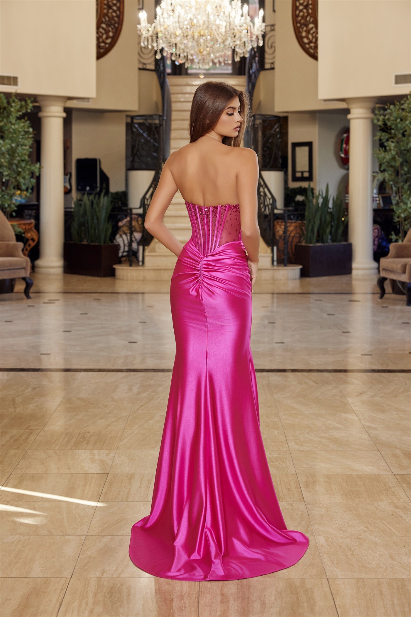 Shiny Satin Strapless V Neckline with Full Beaded Bustline — Nox Anabel R1812