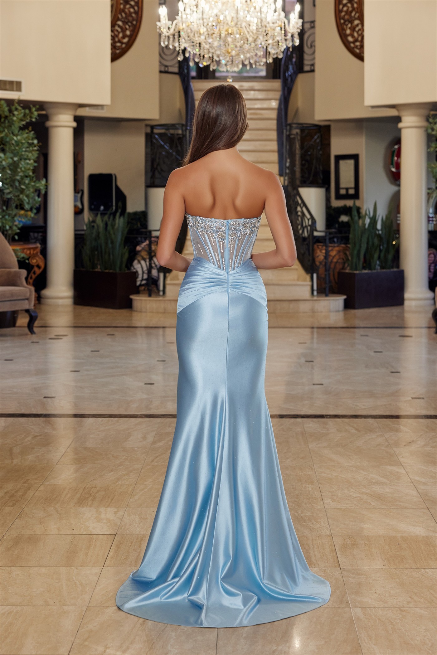 Scoop Bustline Adorned by Silver Beading Illusion Waistline — Nox Anabel R1820