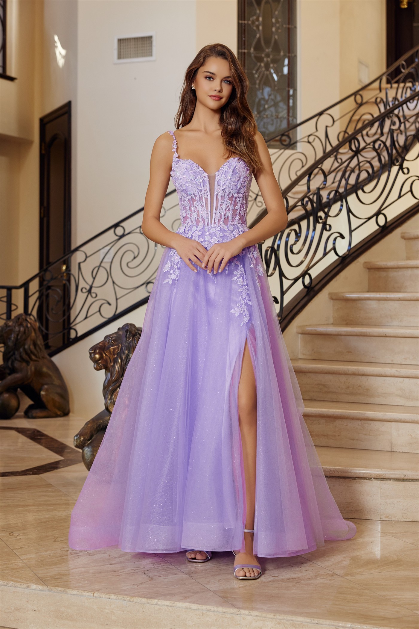 Fit and Flare Long Gown Plunging Neckline Thin Straps — Nox Anabel R1824