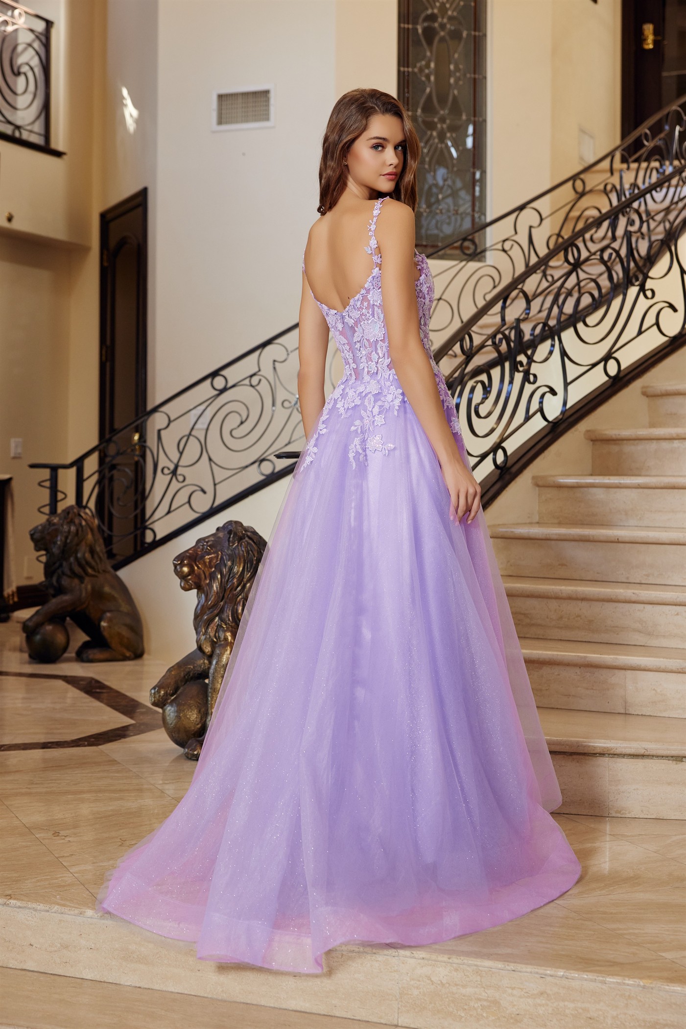 Fit and Flare Long Gown Plunging Neckline Thin Straps — Nox Anabel R1824