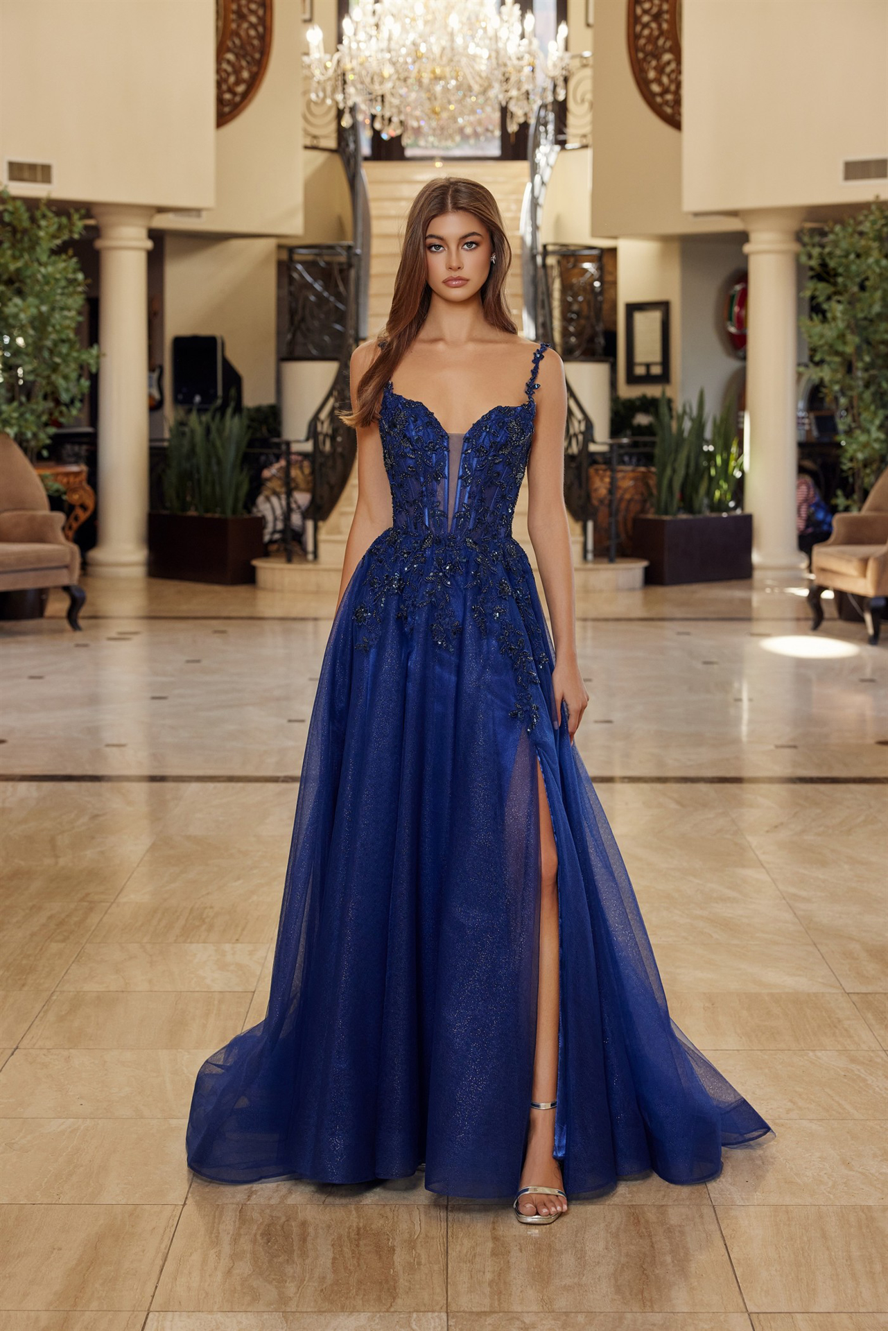Fit and Flare Long Gown Plunging Neckline Thin Straps — Nox Anabel R1824