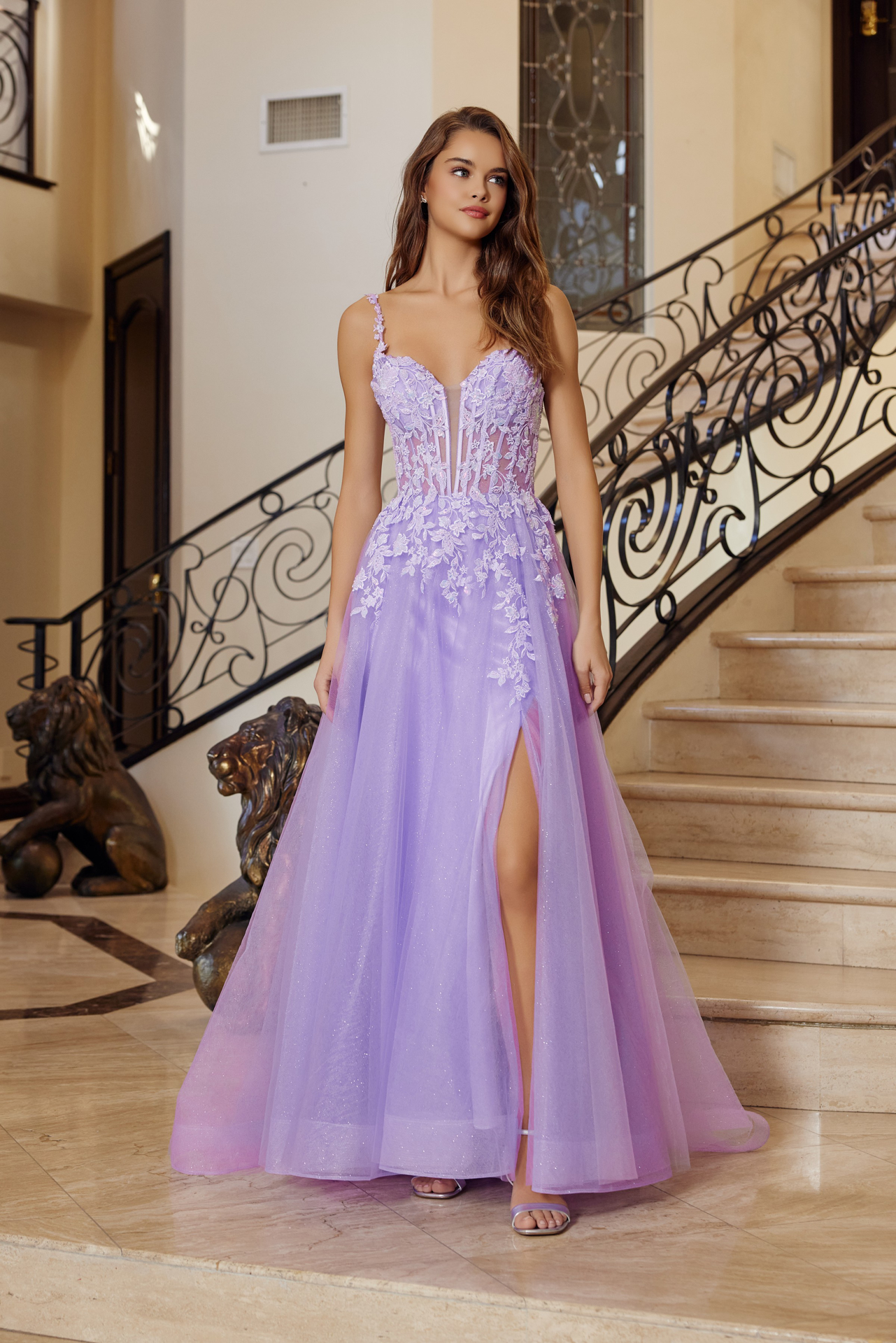 Fit and Flare Long Gown Plunging Neckline Thin Straps — Nox Anabel R1824