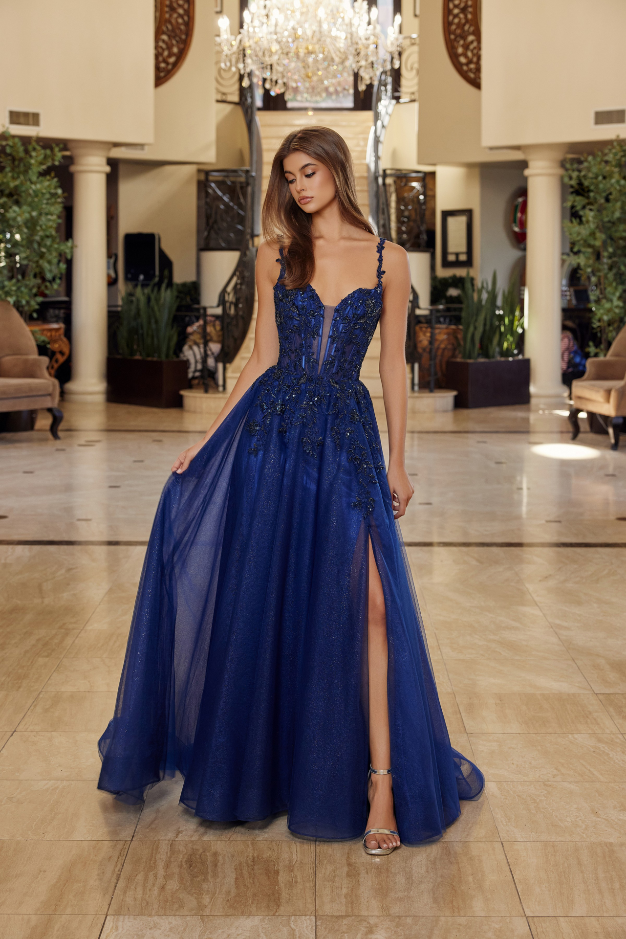 Fit and Flare Long Gown Plunging Neckline Thin Straps — Nox Anabel R1824