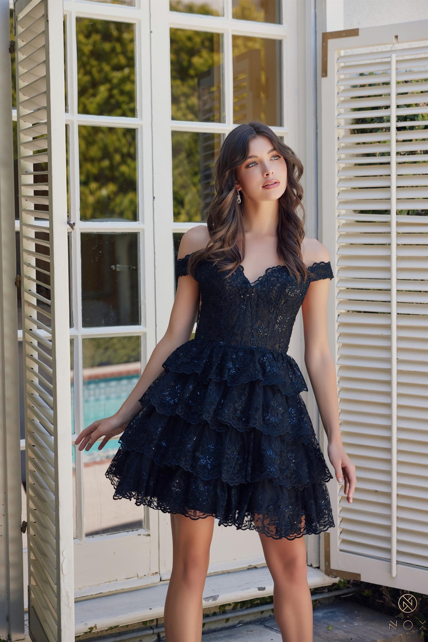 Embroidered Short Off Shoulder Tiered Dress — Nox Anabel R877