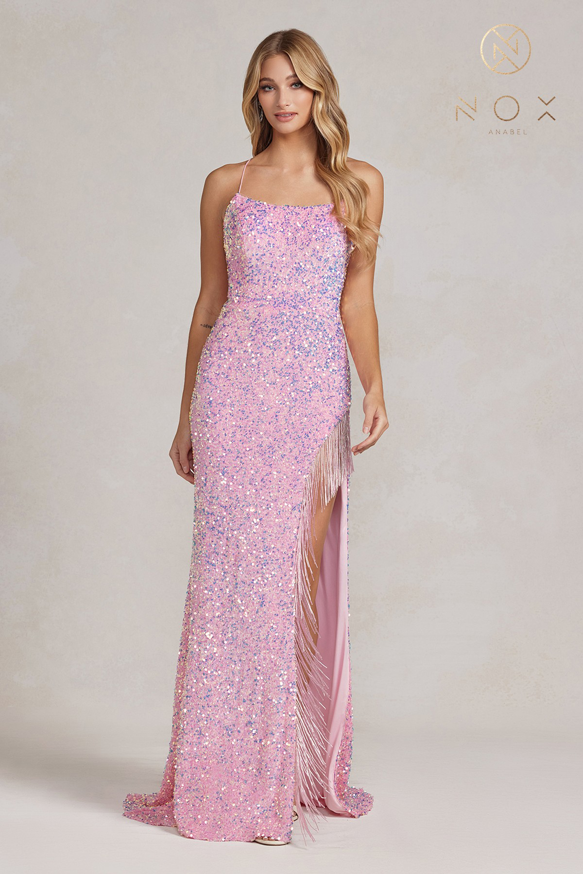 Fully Sequin Sleeveless Gown with Fringed Slit — Nox Anabel T1209
