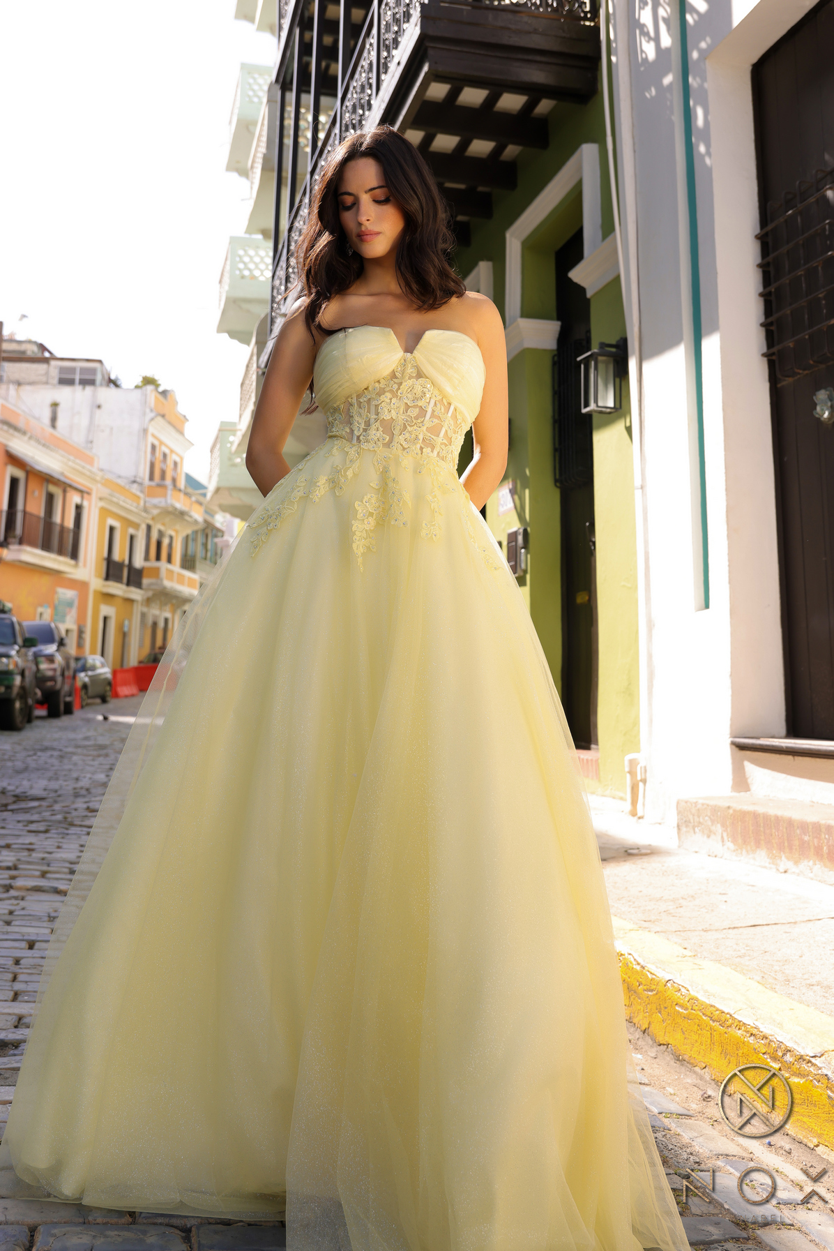 A-Line Sheer Bone Waist Tulle Gown — Nox Anabel T1326