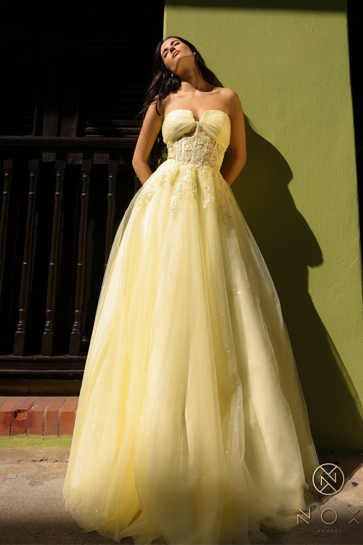 A-Line Sheer Bone Waist Tulle Gown — Nox Anabel T1326