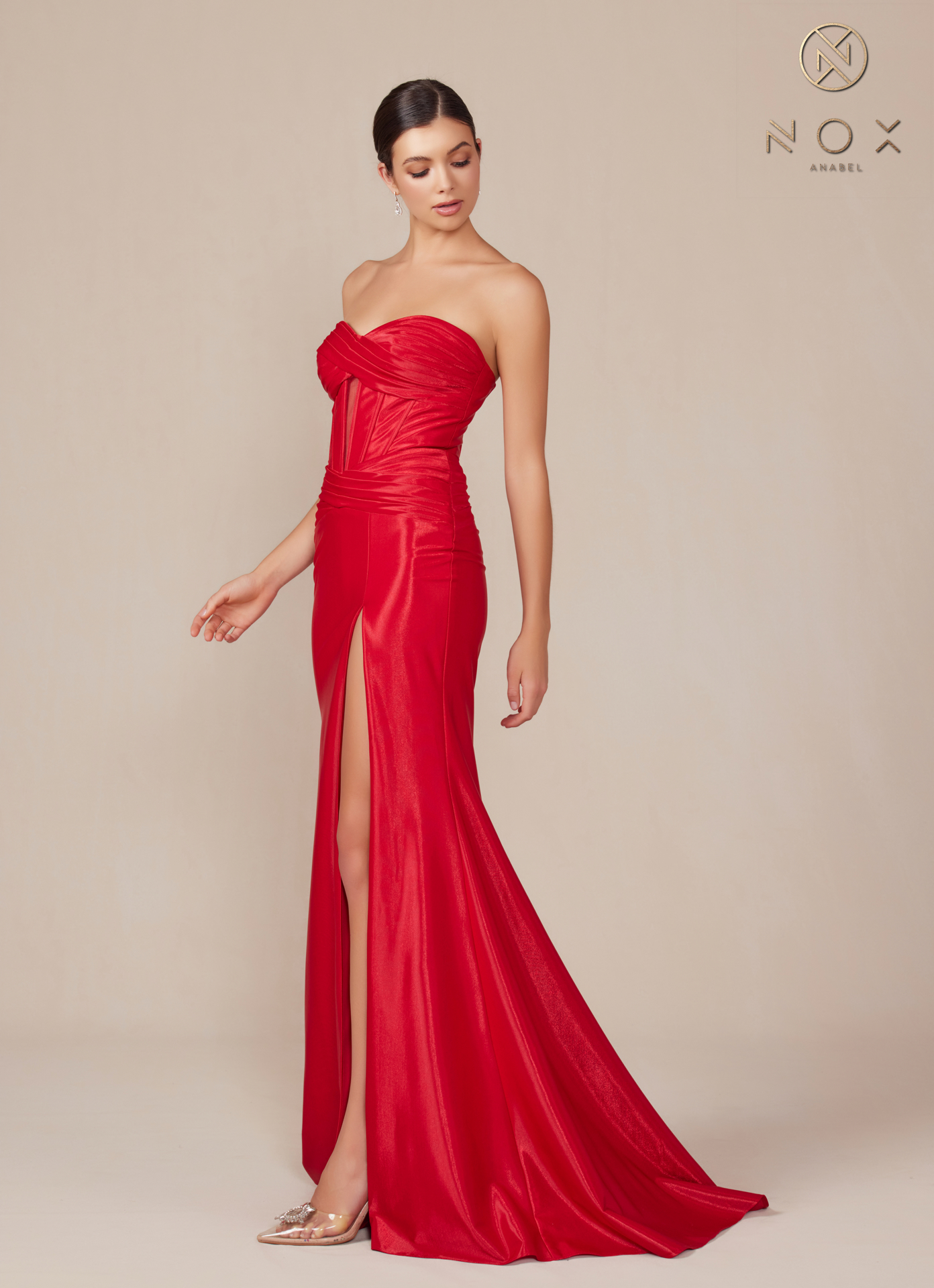Semi Sweetheart Top Stretch Satin Fitted Strapless High Slit Dress — Nox Anabel T1489
