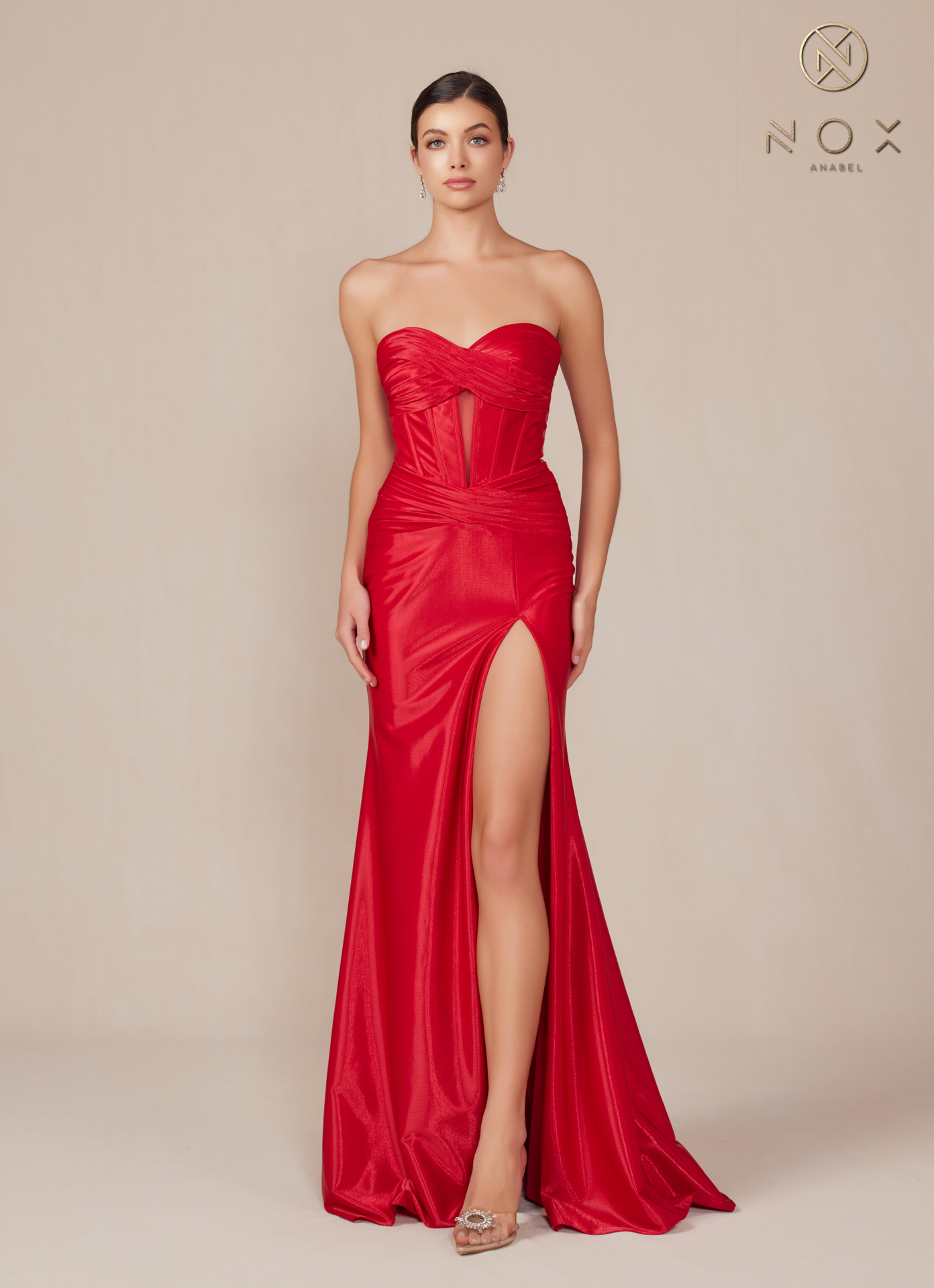 Semi Sweetheart Top Stretch Satin Fitted Strapless High Slit Dress — Nox Anabel T1489