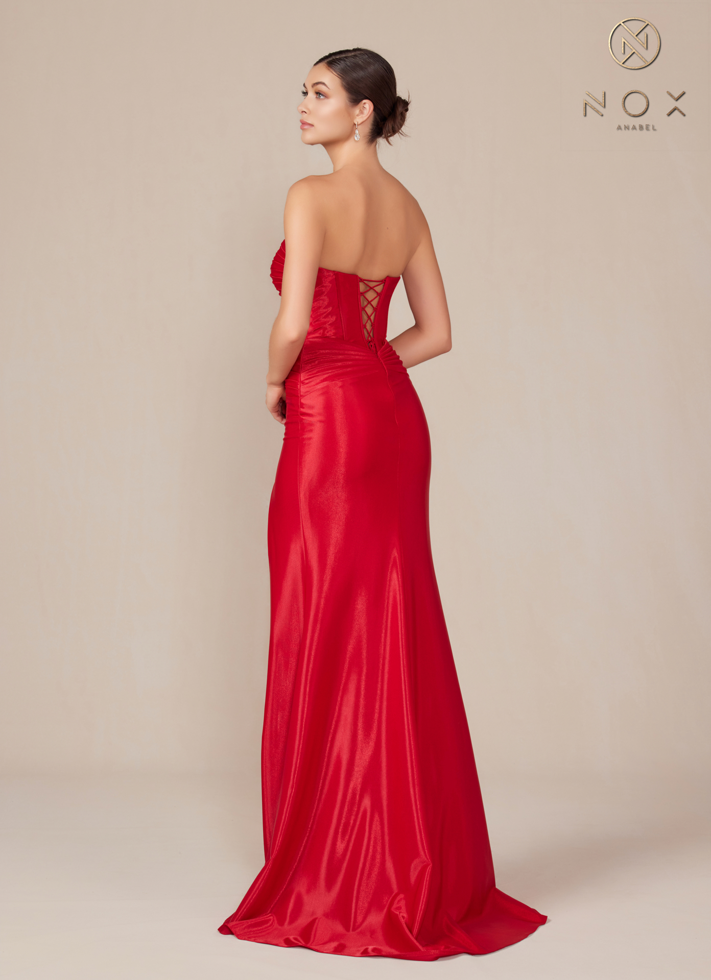 Semi Sweetheart Top Stretch Satin Fitted Strapless High Slit Dress — Nox Anabel T1489