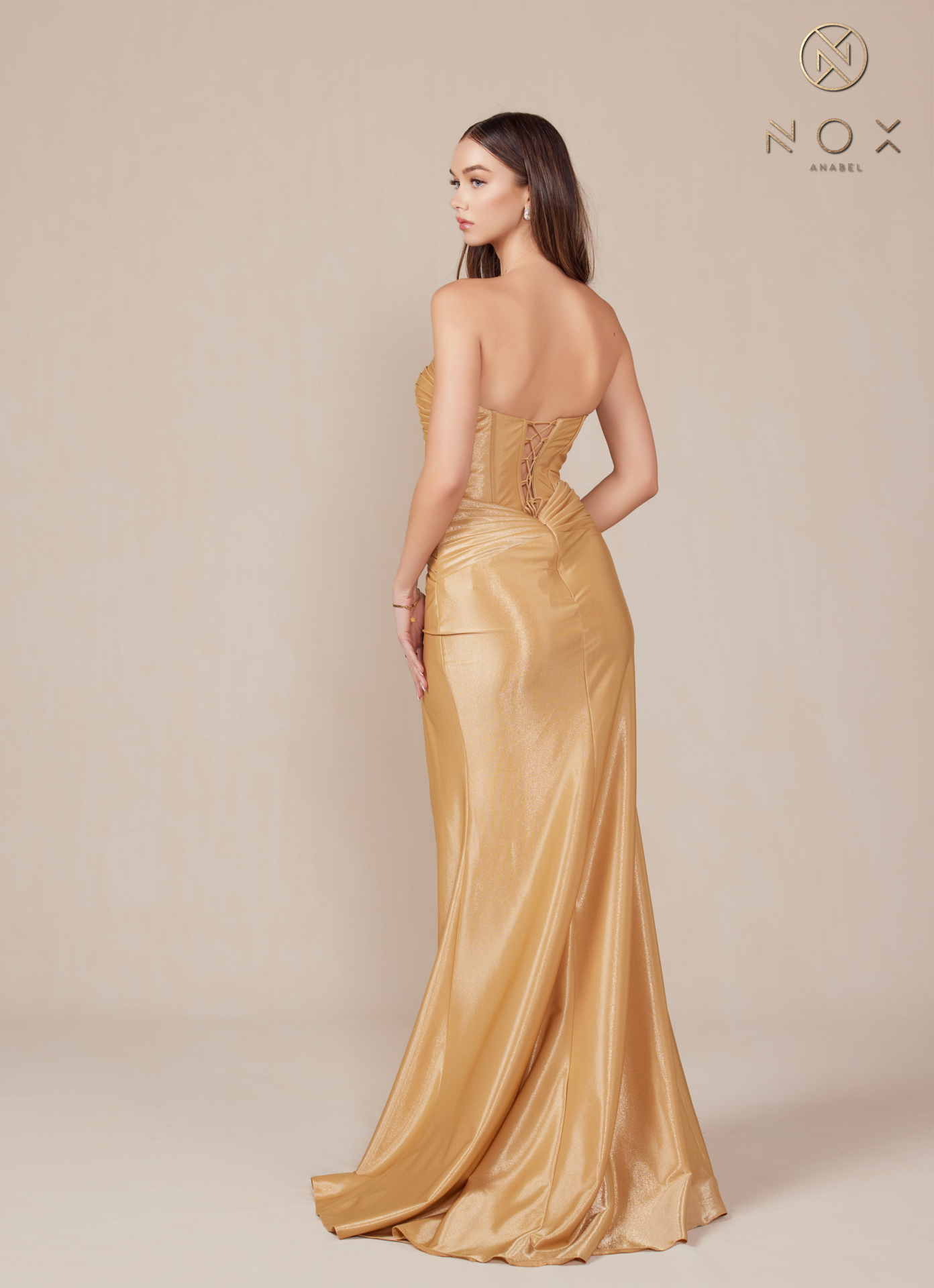 Semi Sweetheart Top Stretch Satin Fitted Strapless High Slit Dress — Nox Anabel T1489