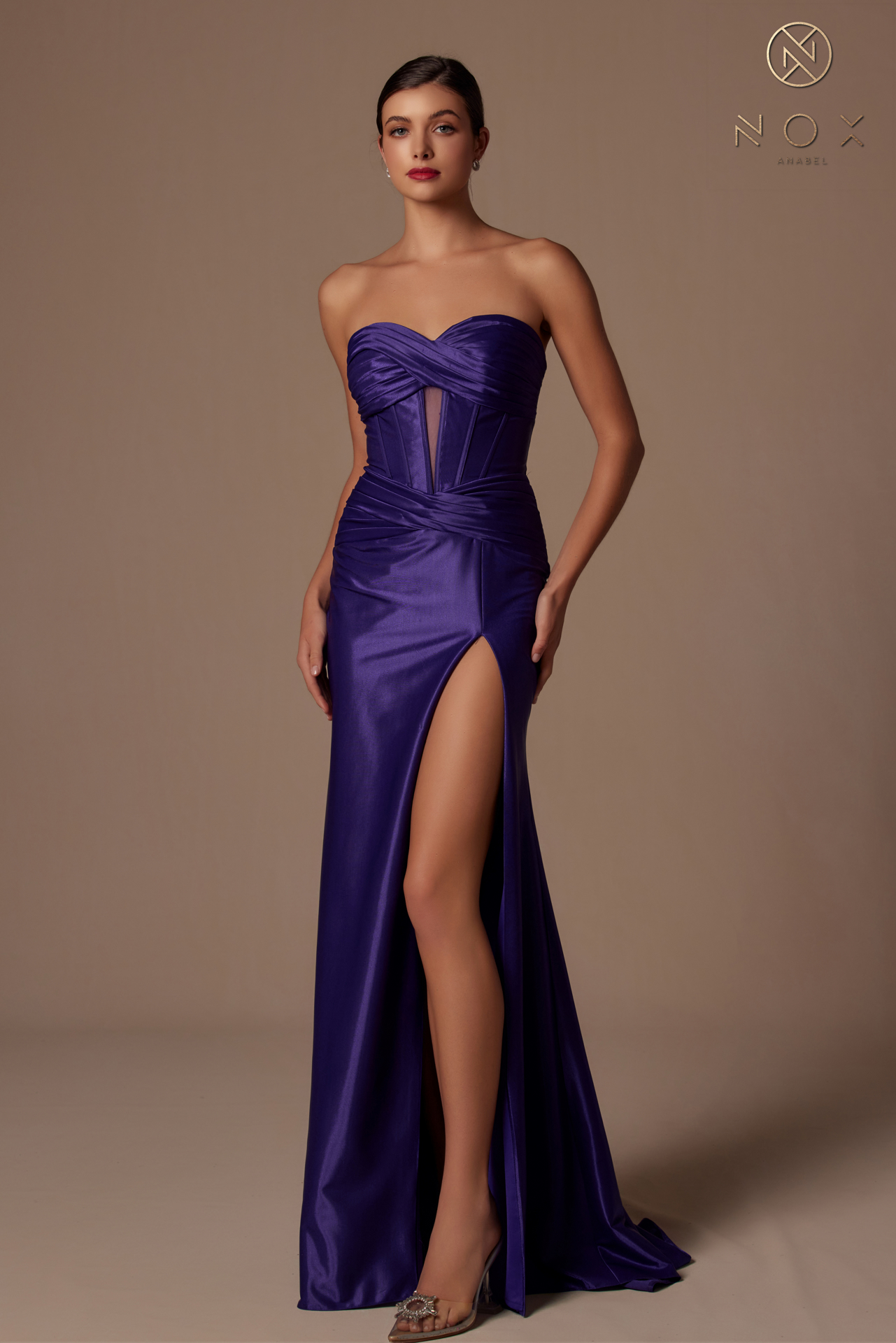 Semi Sweetheart Top Stretch Satin Fitted Strapless High Slit Dress — Nox Anabel T1489