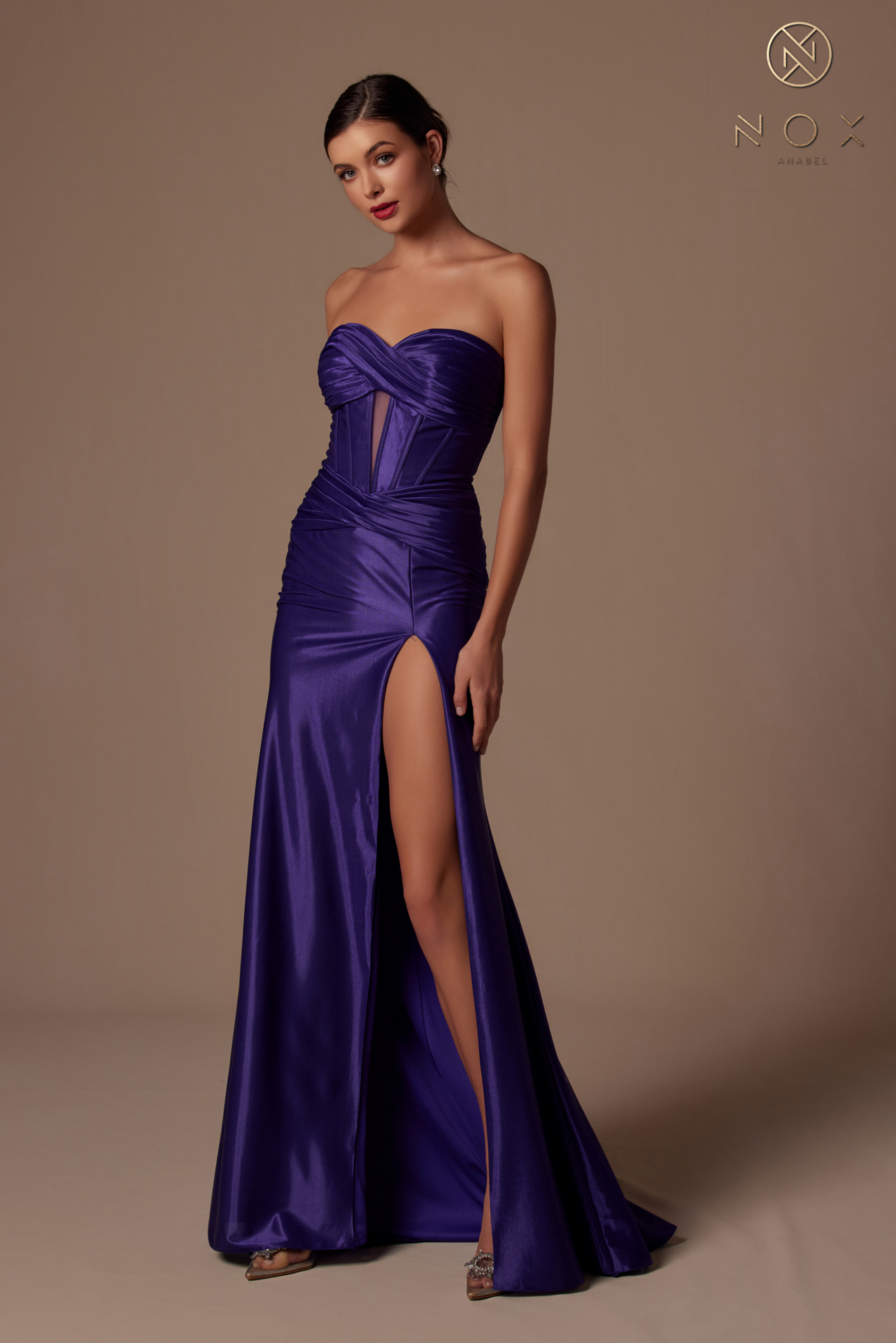 Semi Sweetheart Top Stretch Satin Fitted Strapless High Slit Dress — Nox Anabel T1489