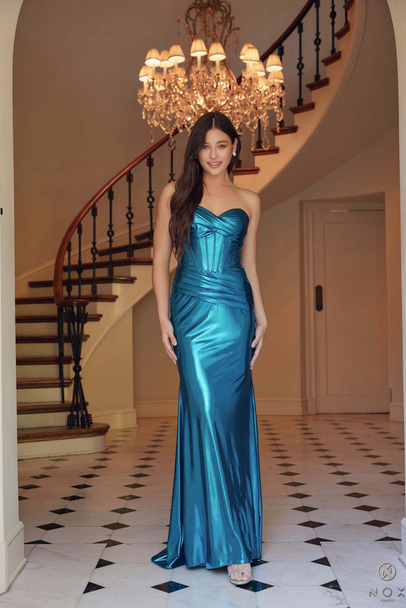 Strapless Lace Up Pleated Metallic Dress