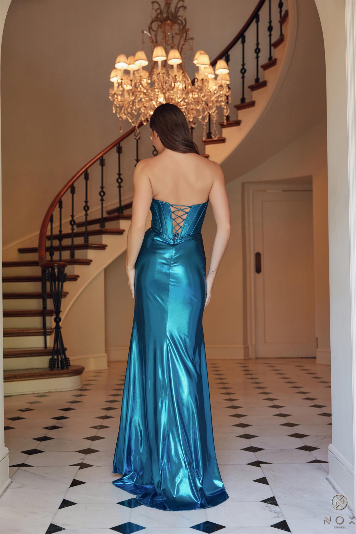Strapless Lace Up Pleated Metallic Dress — Nox Anabel T1499