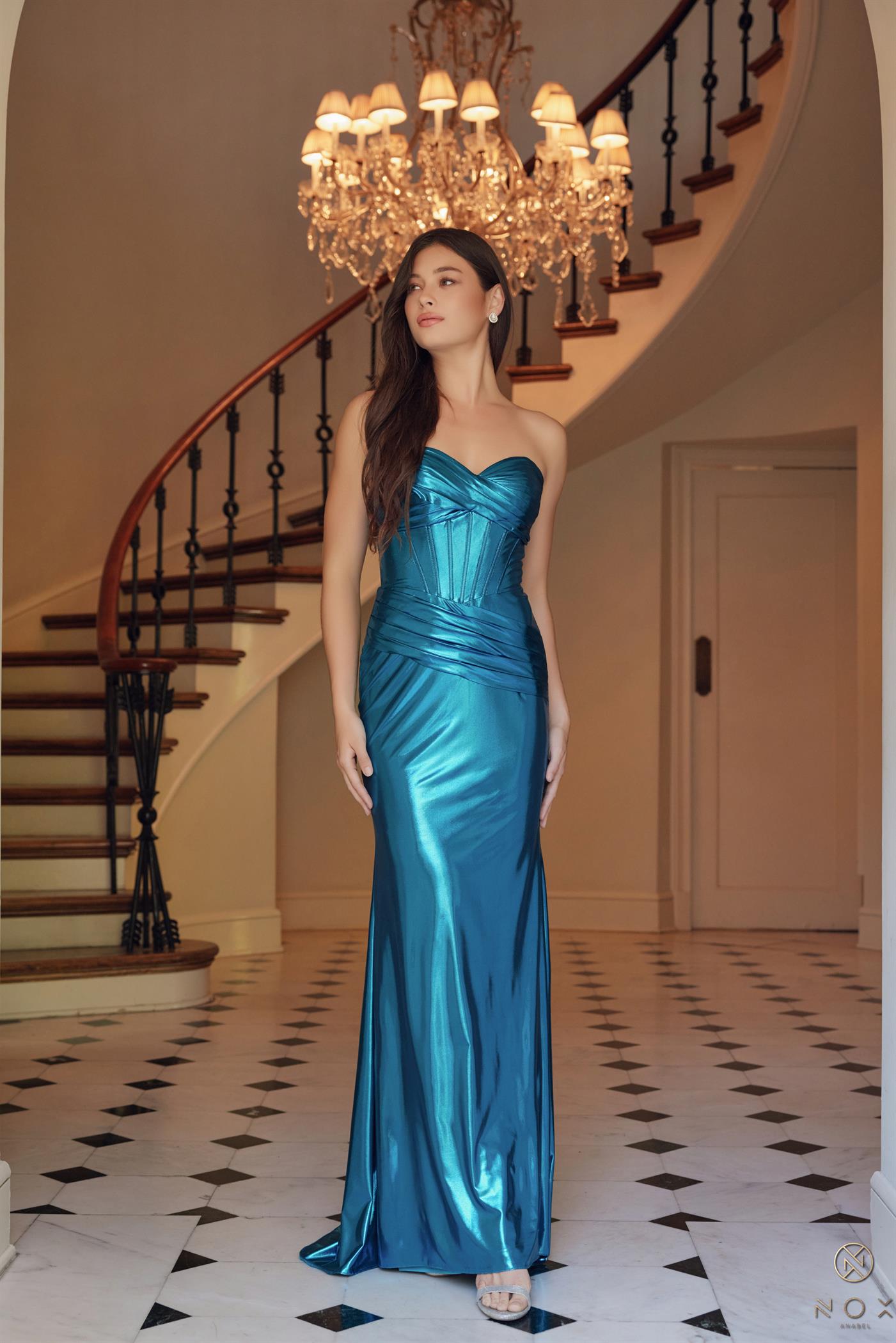 Strapless Lace Up Pleated Metallic Dress — Nox Anabel T1499