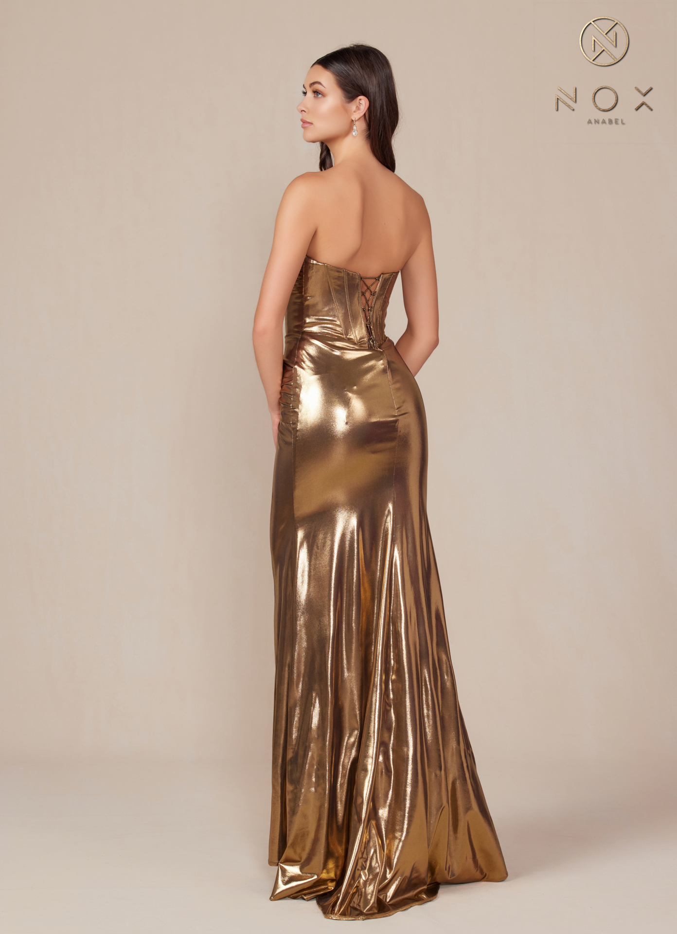 Strapless Lace Up Pleated Metallic Dress — Nox Anabel T1499