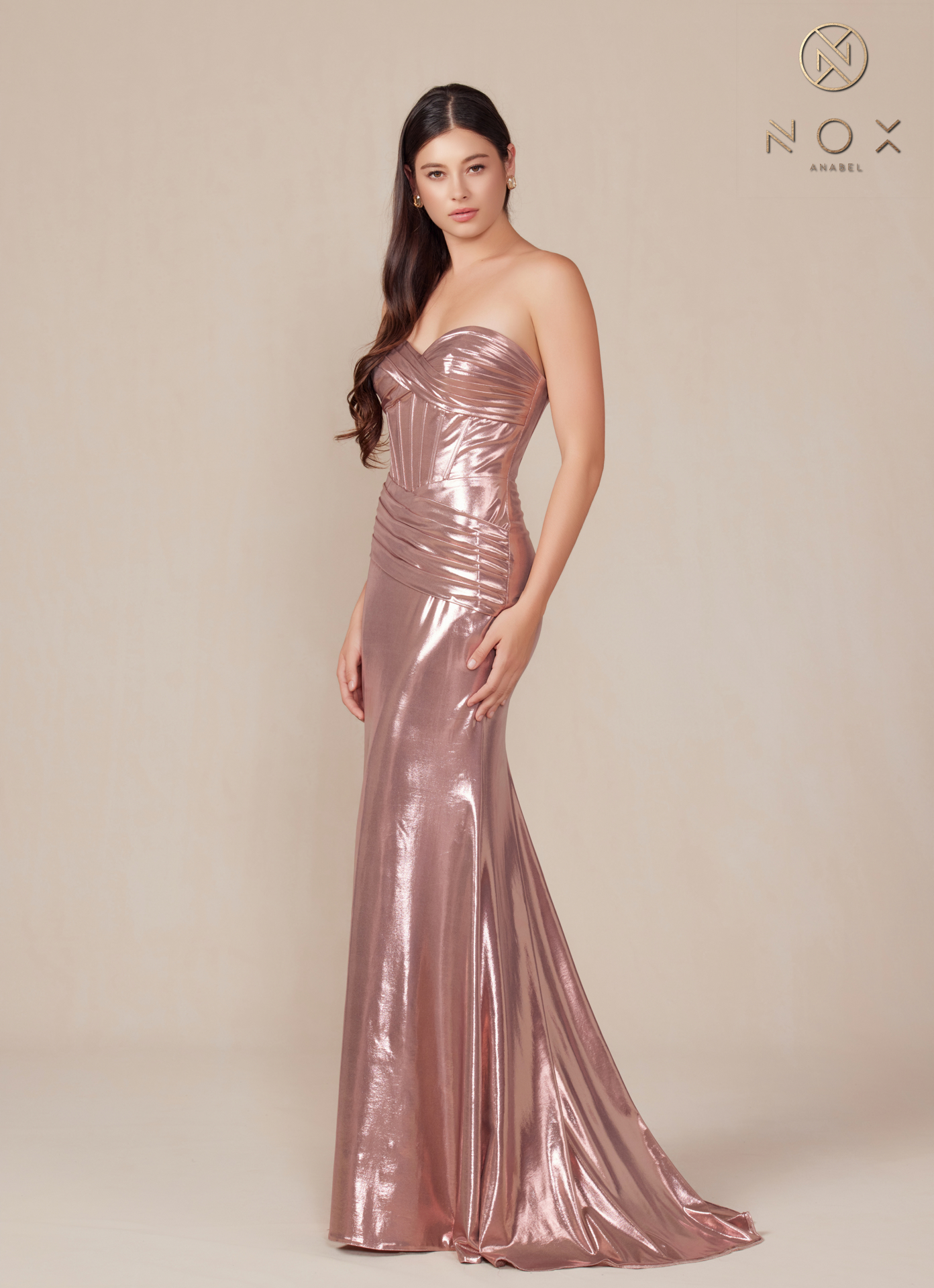 Strapless Lace Up Pleated Metallic Dress — Nox Anabel T1499