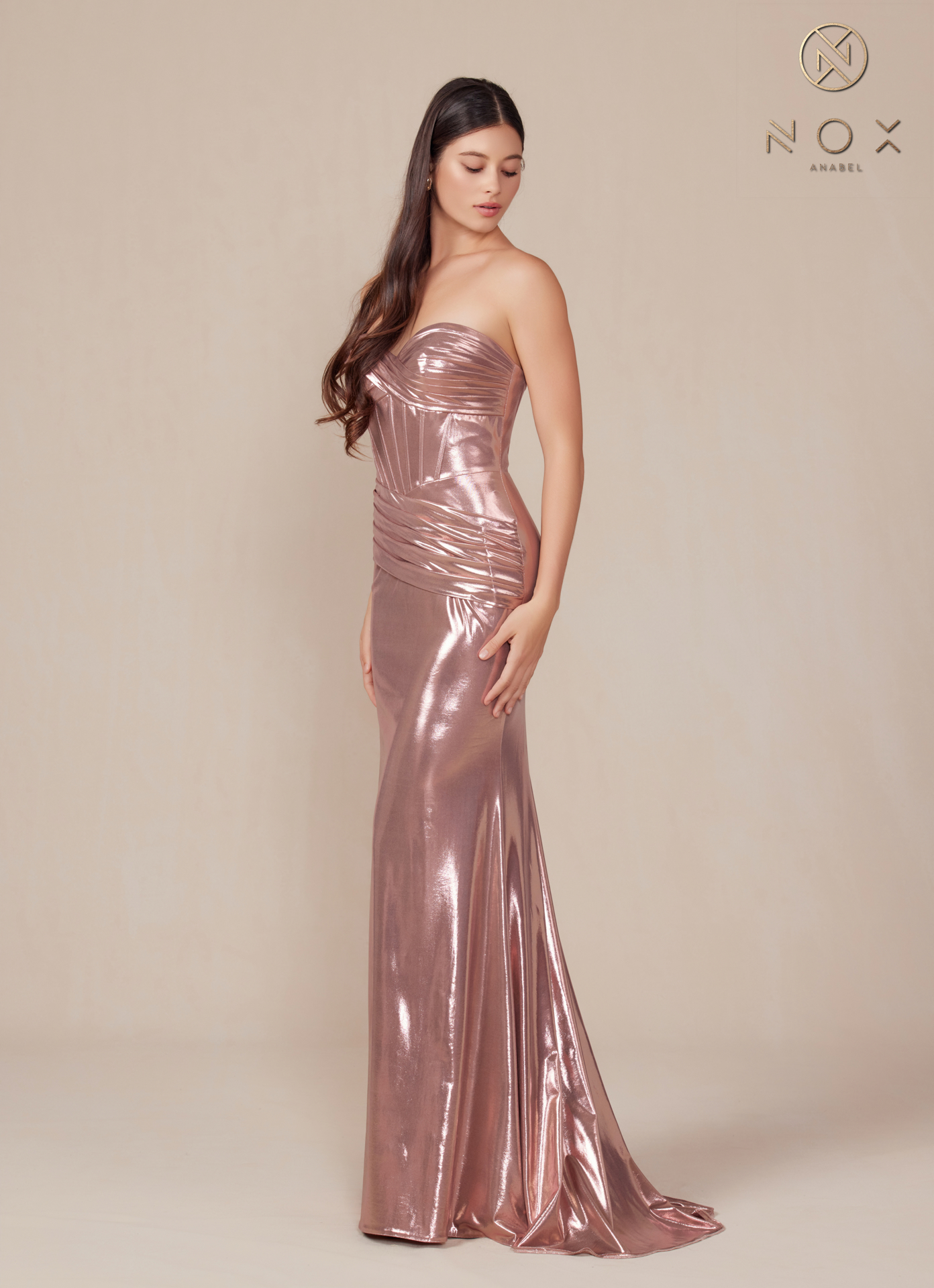 Strapless Lace Up Pleated Metallic Dress — Nox Anabel T1499