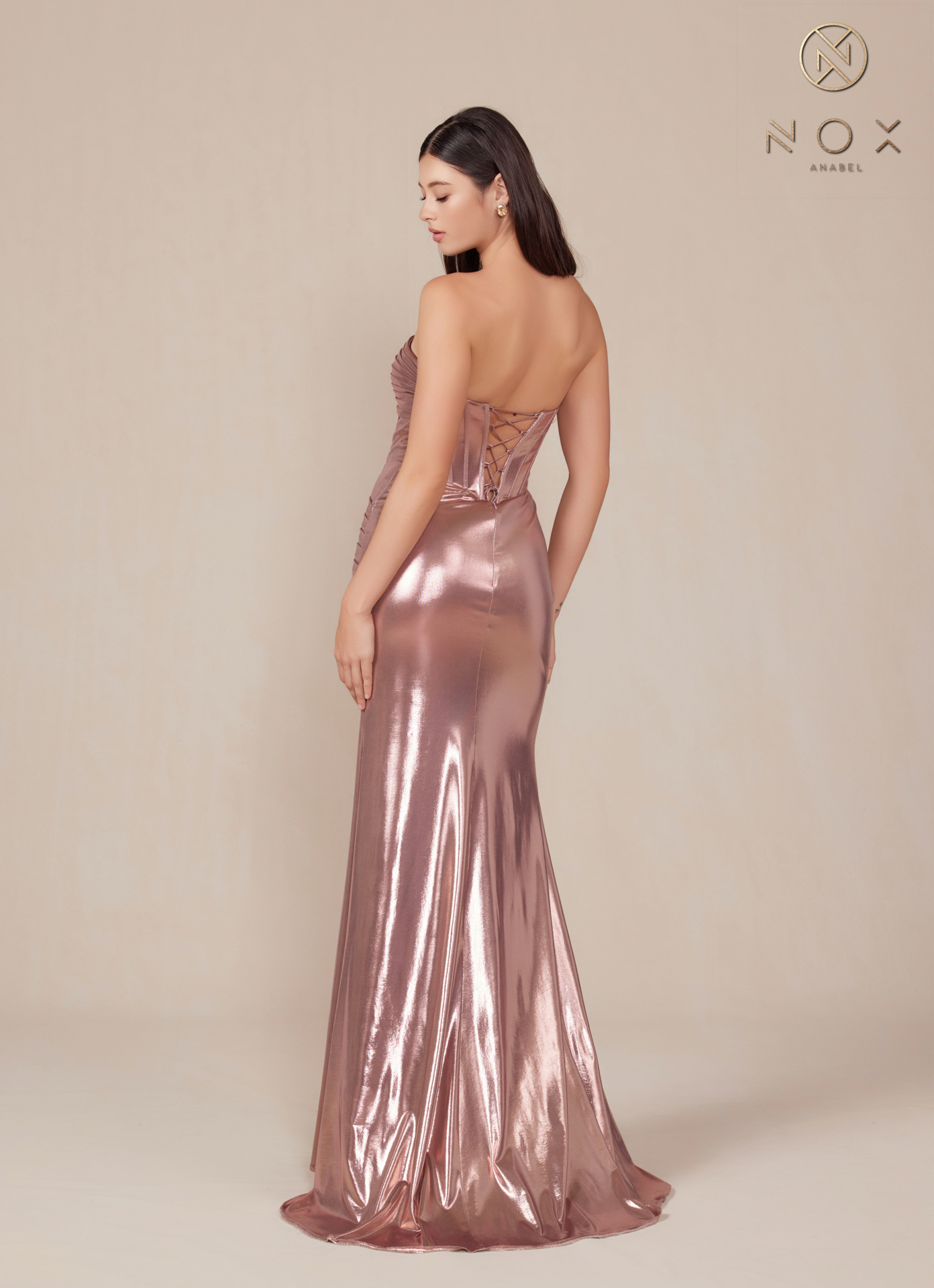 Strapless Lace Up Pleated Metallic Dress — Nox Anabel T1499