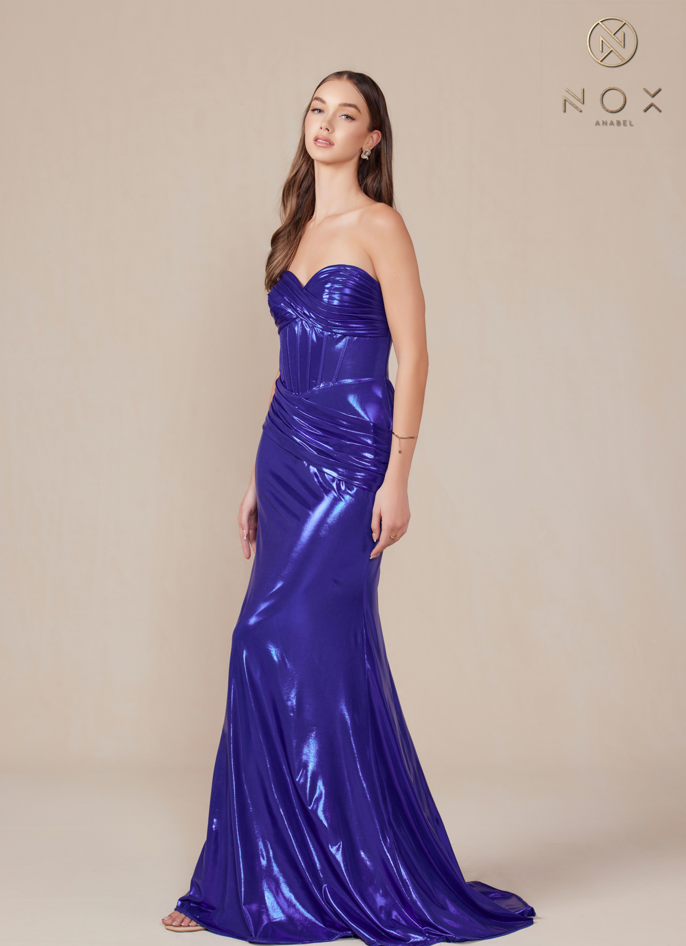 Strapless Lace Up Pleated Metallic Dress — Nox Anabel T1499