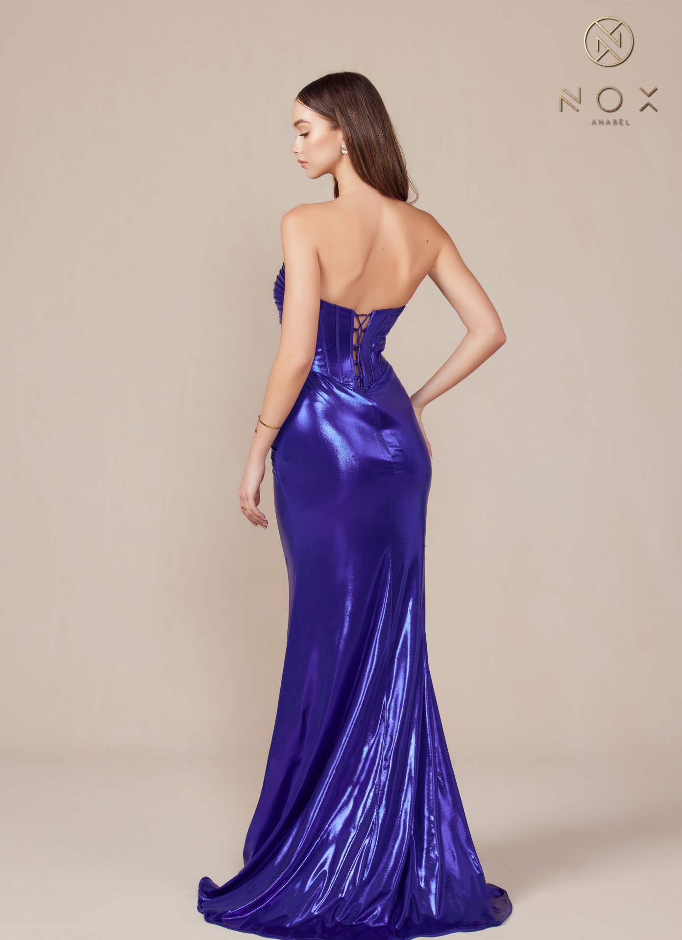 Strapless Lace Up Pleated Metallic Dress — Nox Anabel T1499