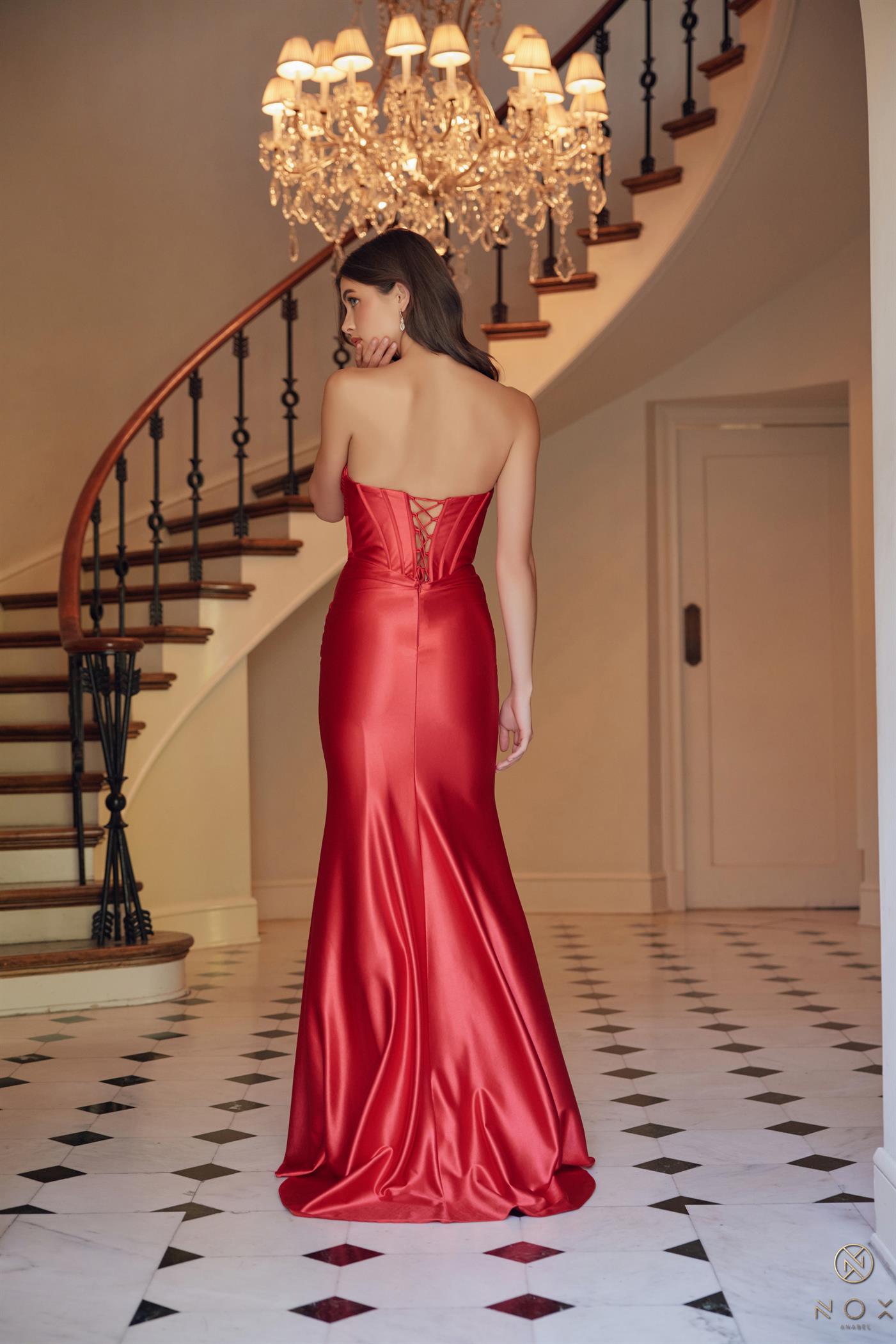 Satin Fitted Strapless Dress sweeping train — Nox Anabel T1500