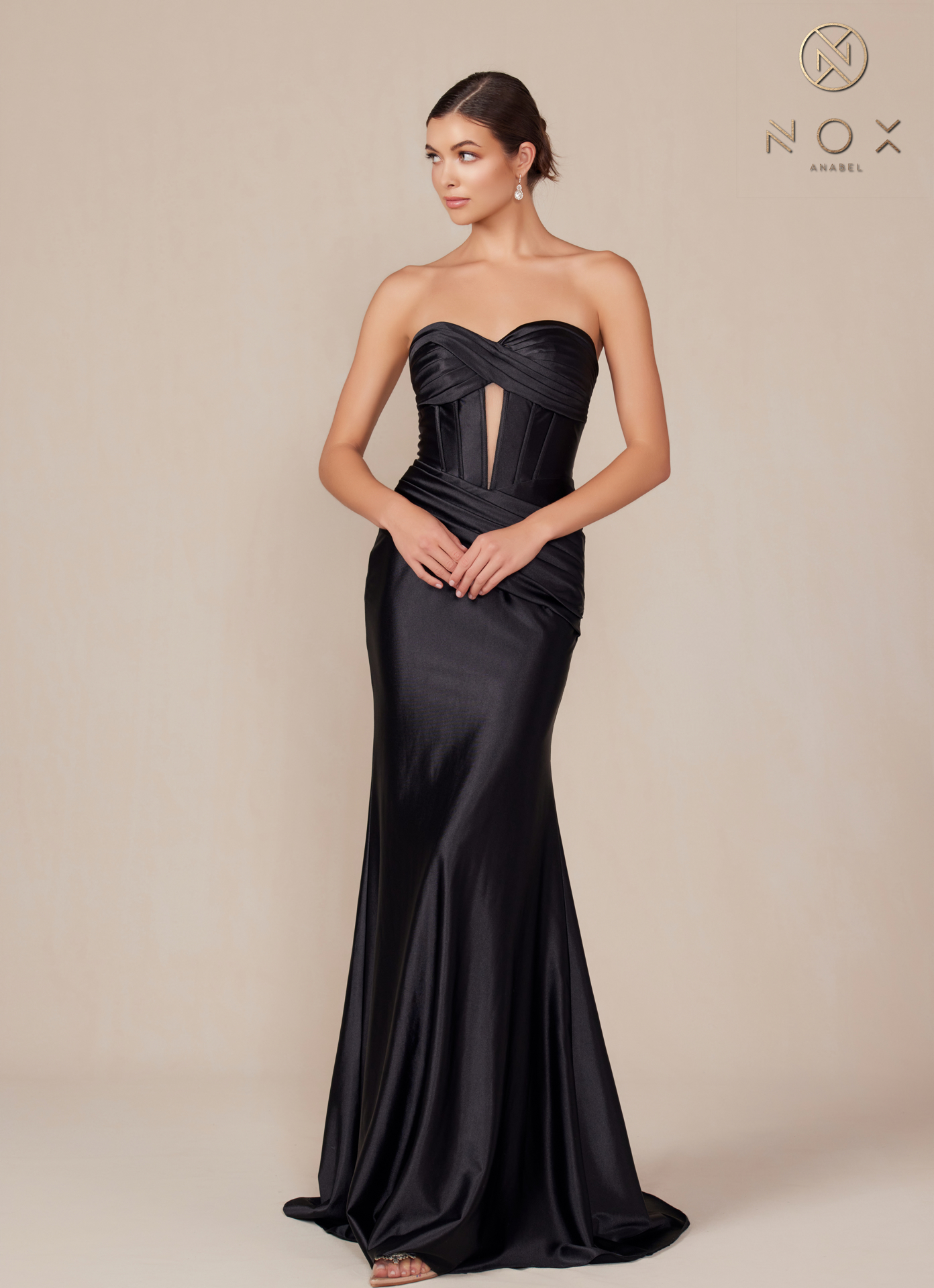 Satin Fitted Strapless Dress sweeping train — Nox Anabel T1500
