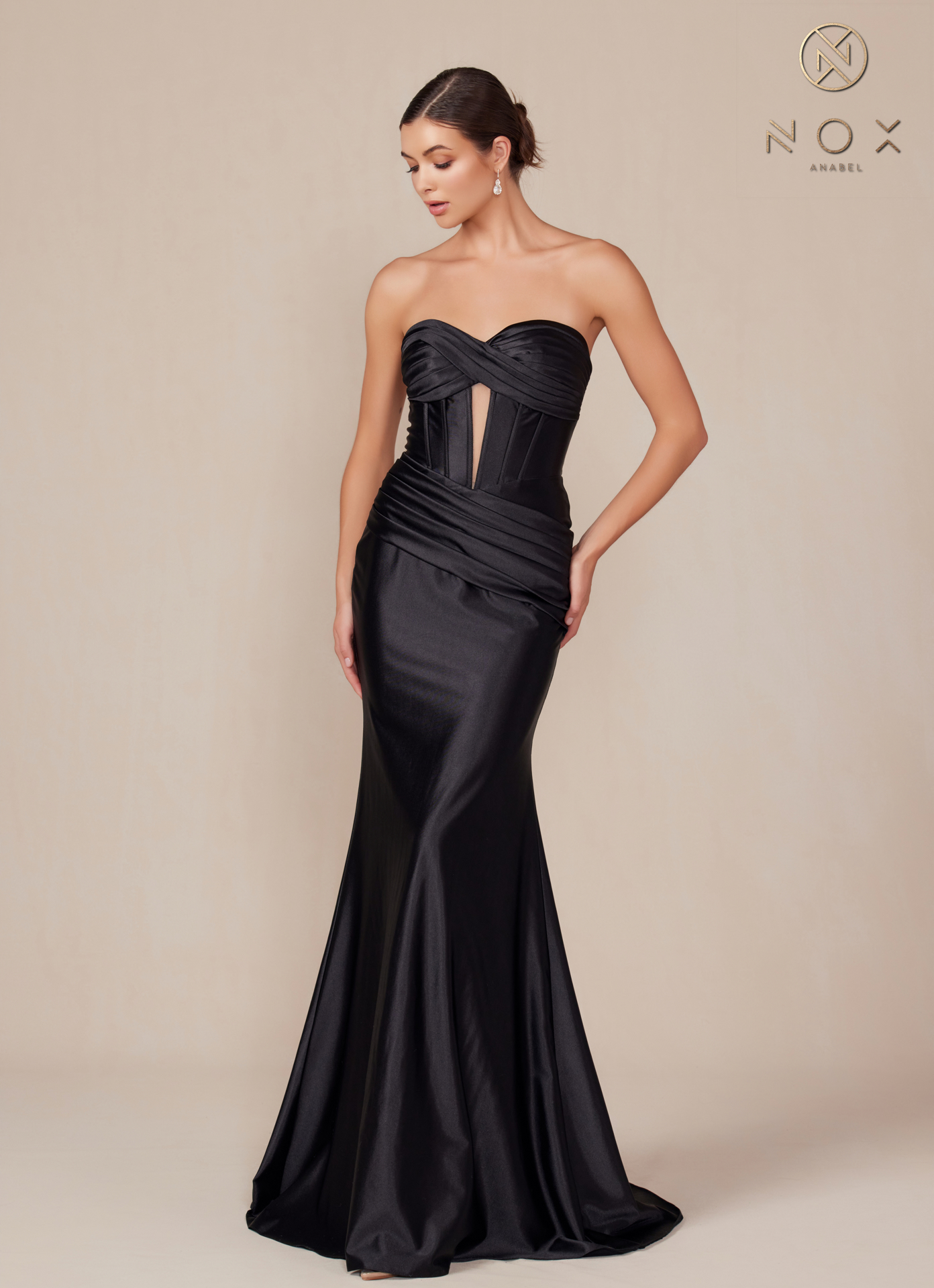 Satin Fitted Strapless Dress sweeping train — Nox Anabel T1500