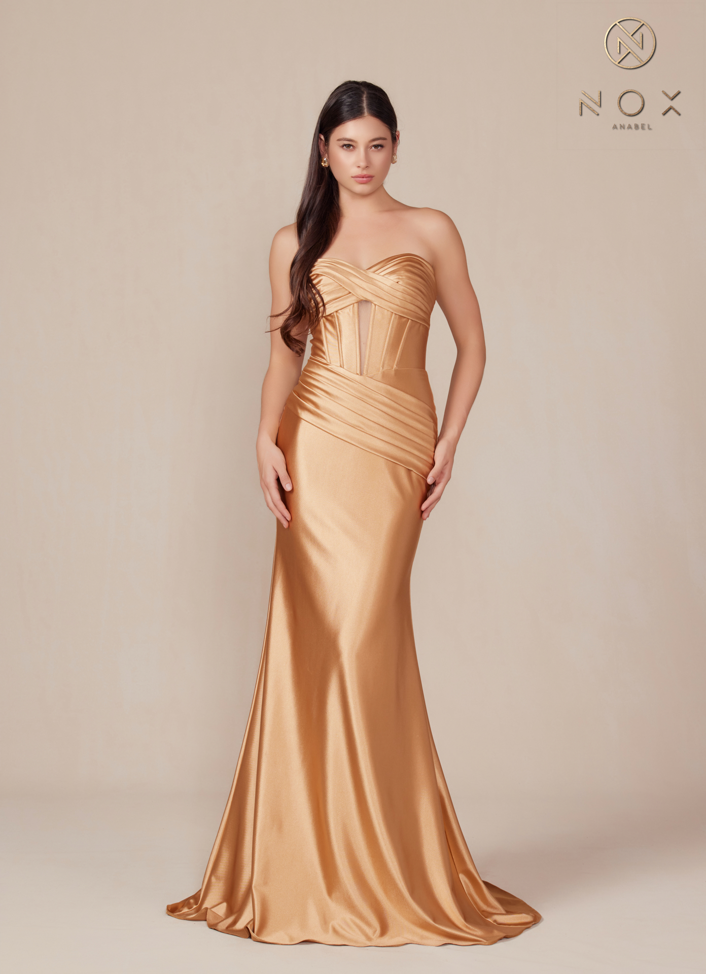 Satin Fitted Strapless Dress sweeping train — Nox Anabel T1500