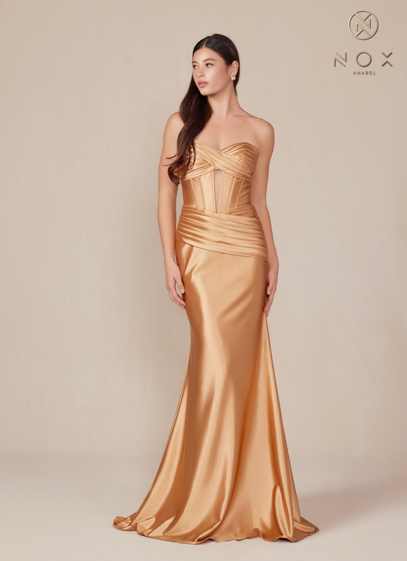 Satin Fitted Strapless Dress sweeping train — Nox Anabel T1500