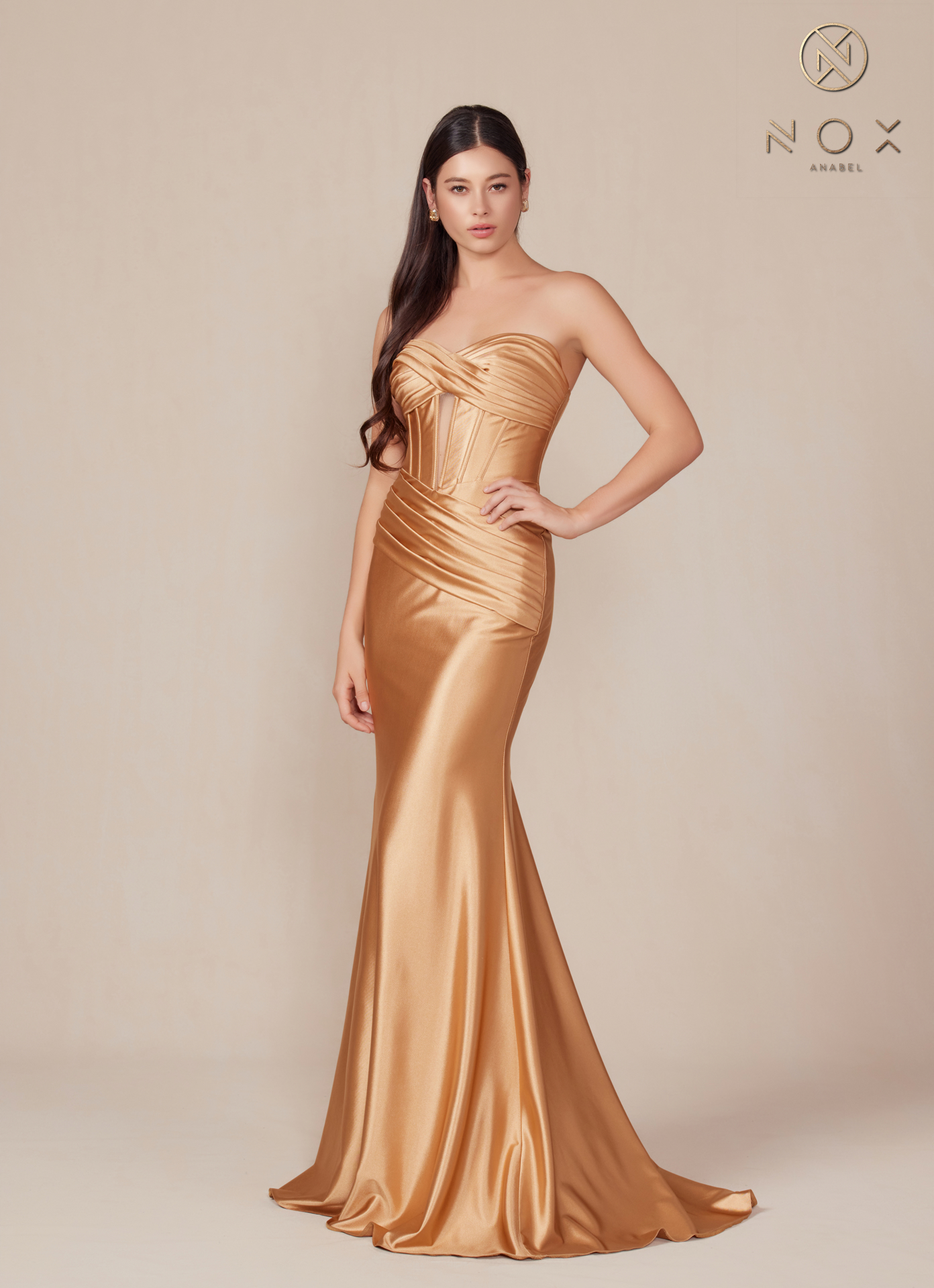 Satin Fitted Strapless Dress sweeping train — Nox Anabel T1500
