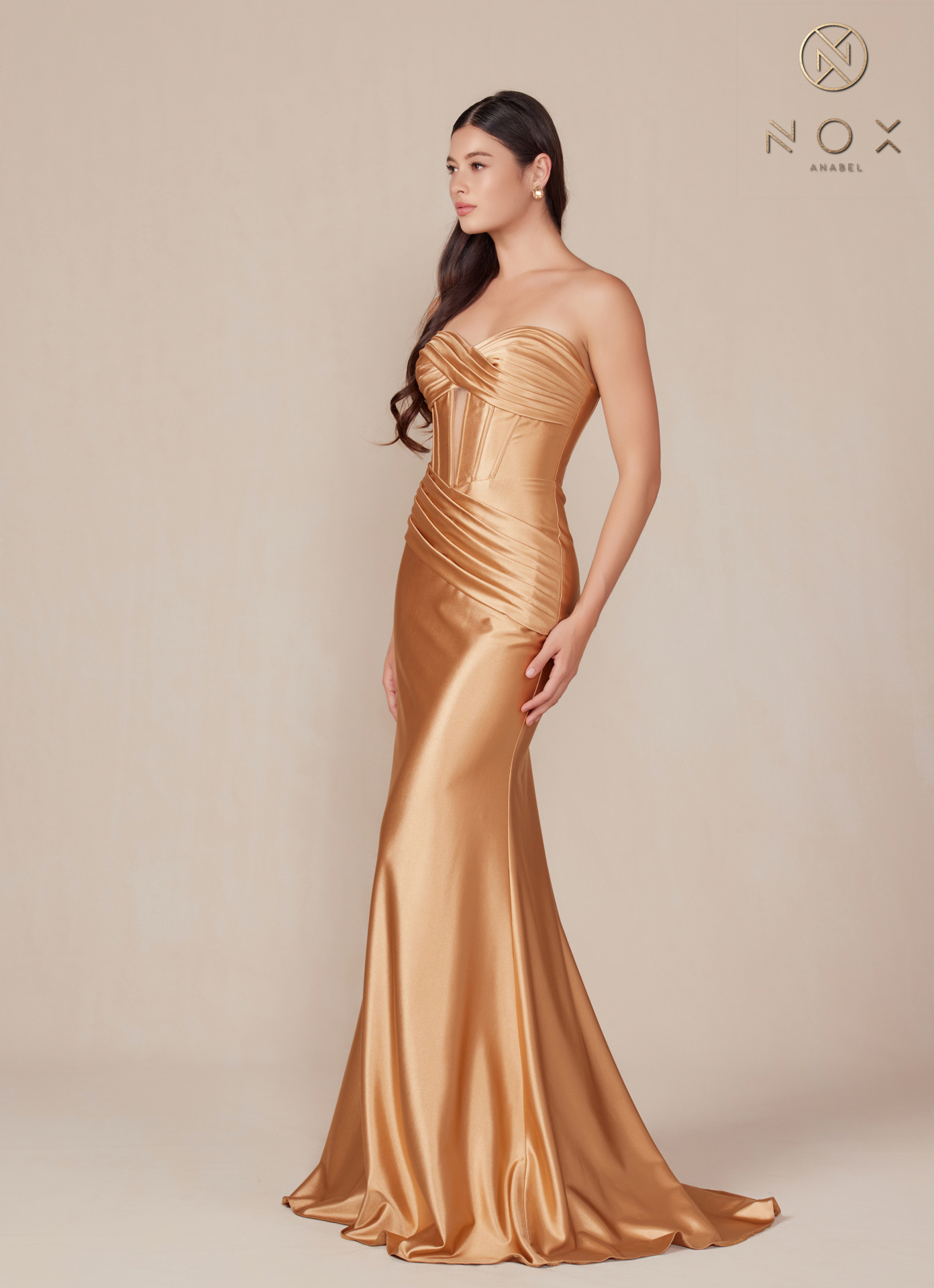 Satin Fitted Strapless Dress sweeping train — Nox Anabel T1500