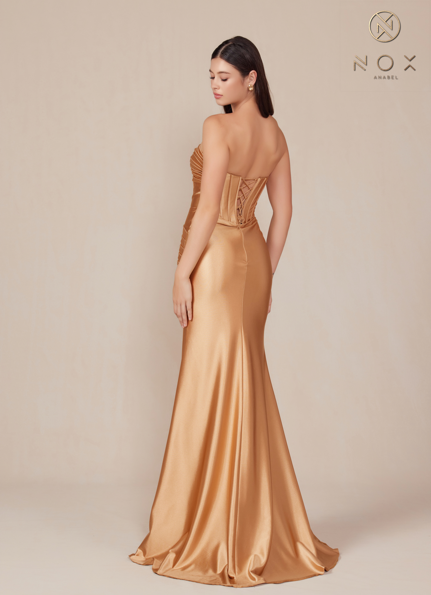 Satin Fitted Strapless Dress sweeping train — Nox Anabel T1500