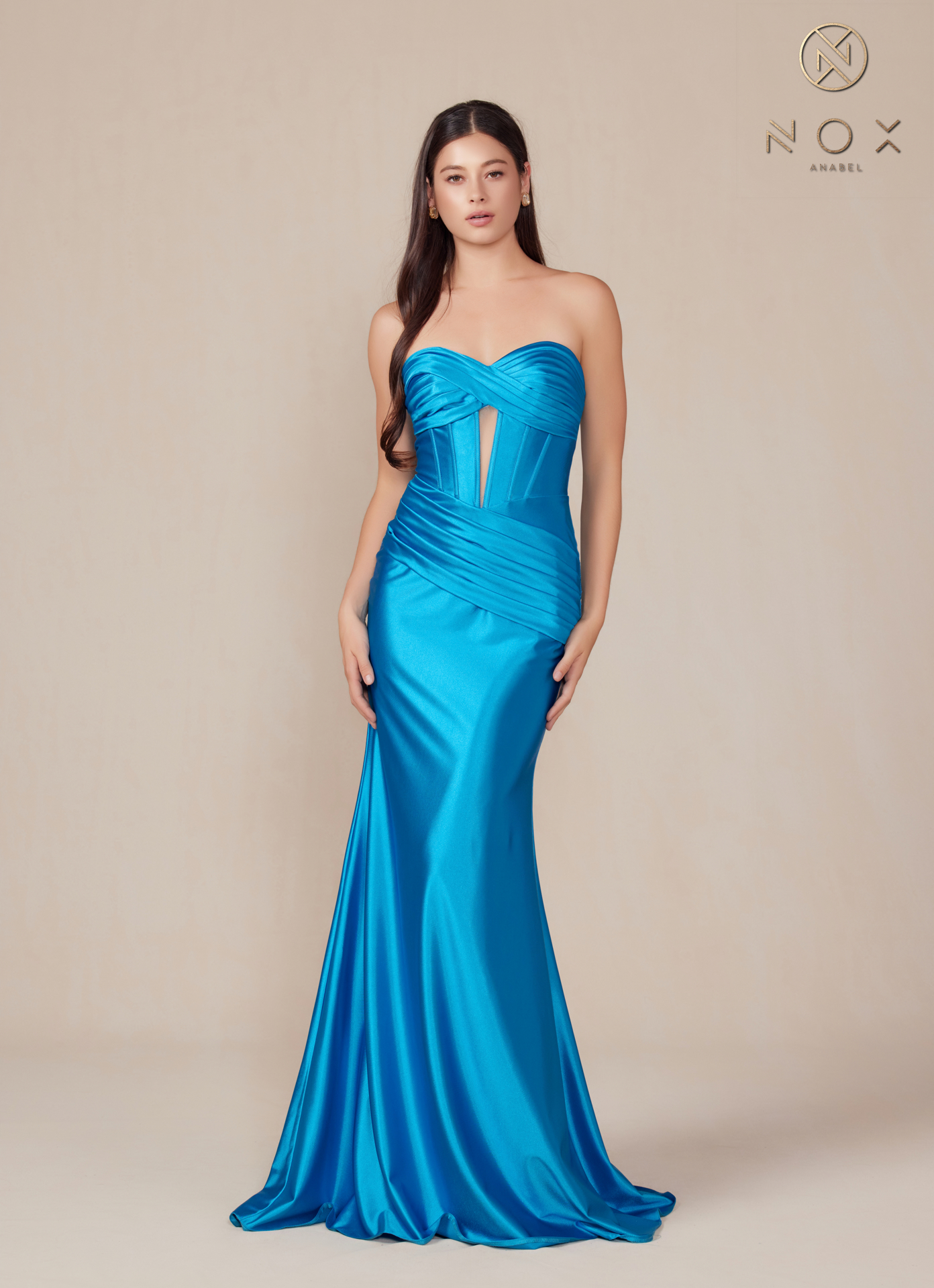 Satin Fitted Strapless Dress sweeping train — Nox Anabel T1500