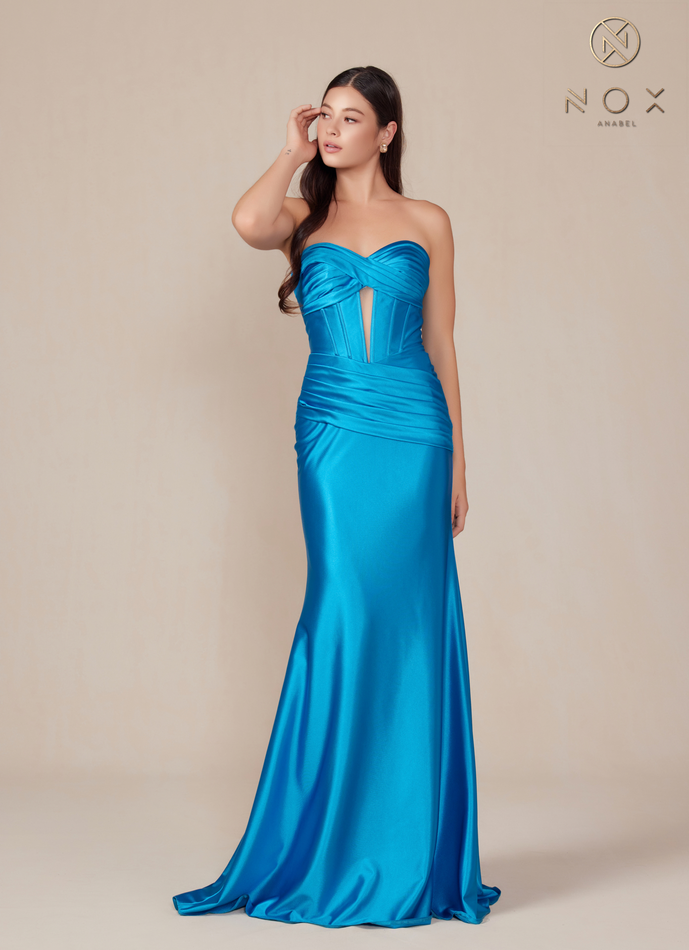 Satin Fitted Strapless Dress sweeping train — Nox Anabel T1500