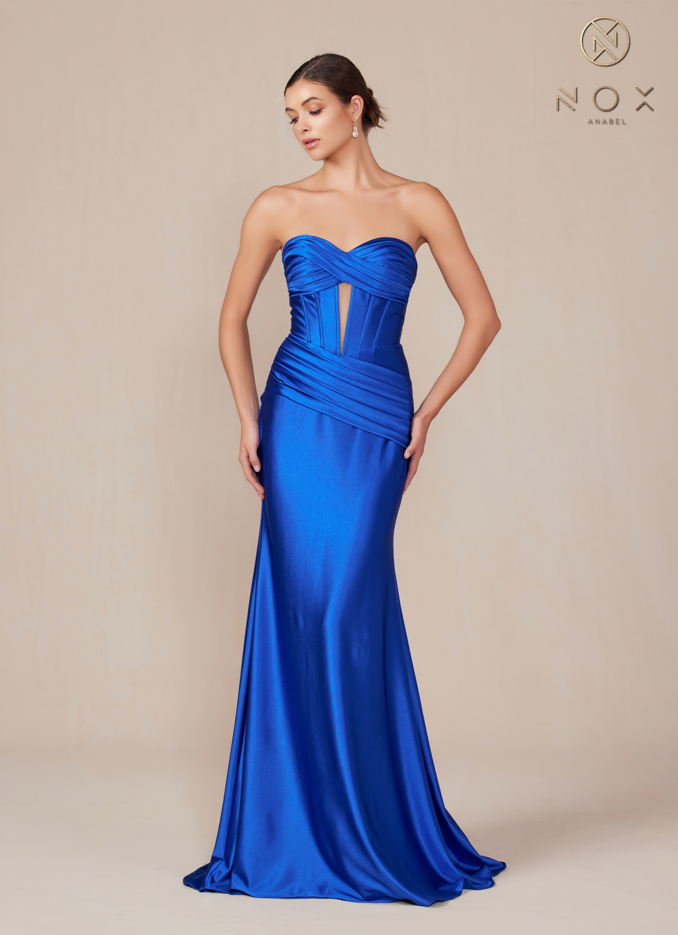 Satin Fitted Strapless Dress sweeping train — Nox Anabel T1500