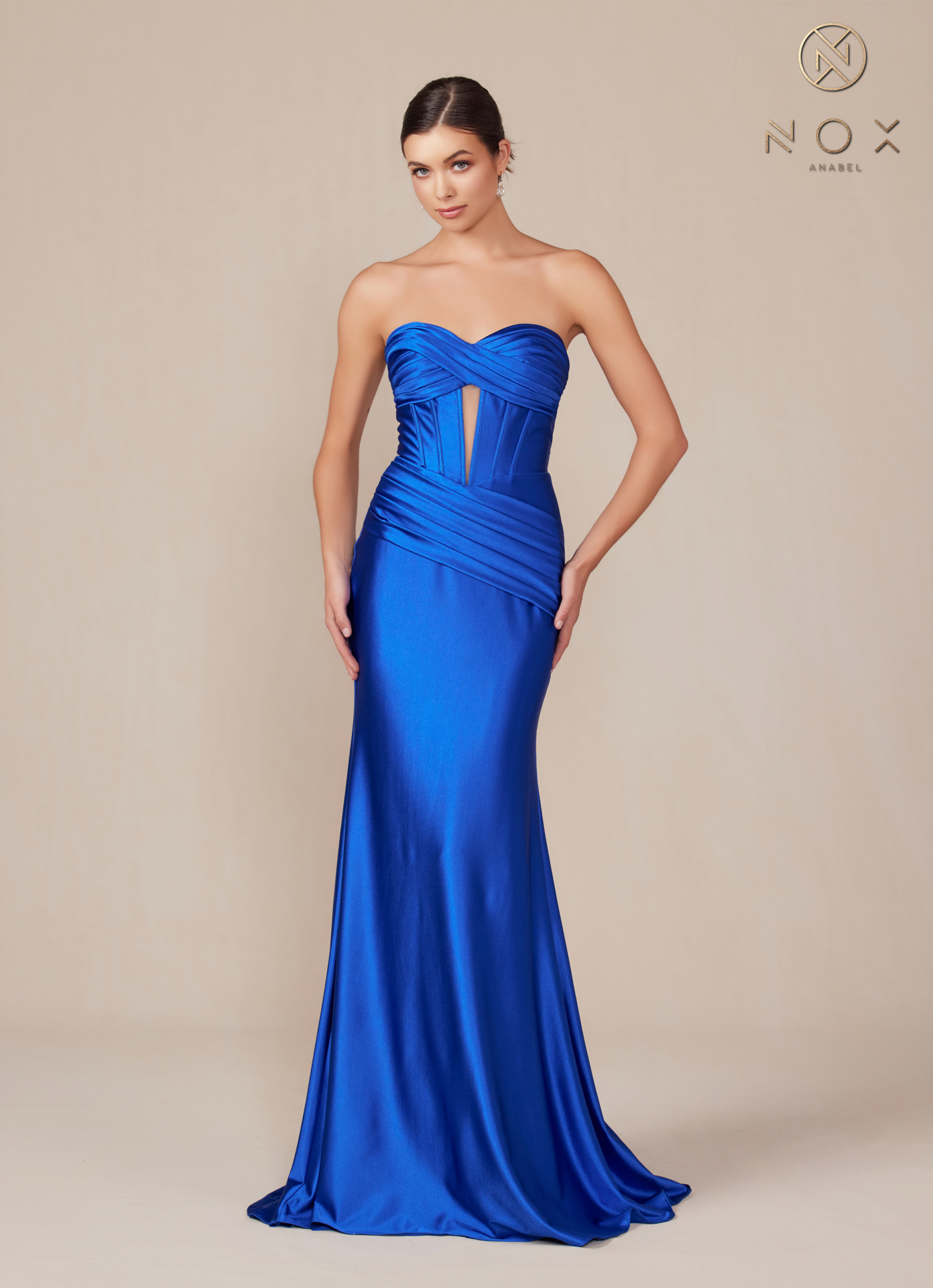 Satin Fitted Strapless Dress sweeping train — Nox Anabel T1500