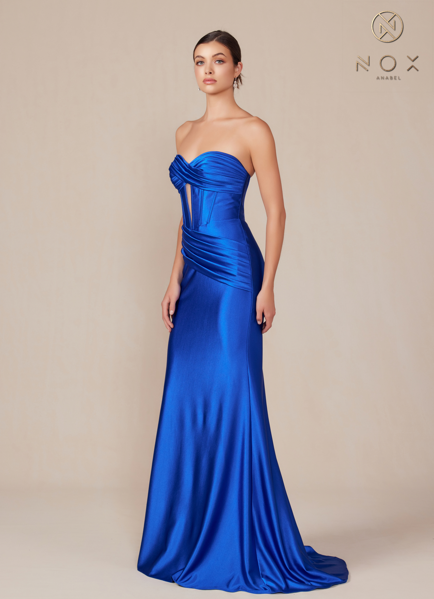 Satin Fitted Strapless Dress sweeping train — Nox Anabel T1500