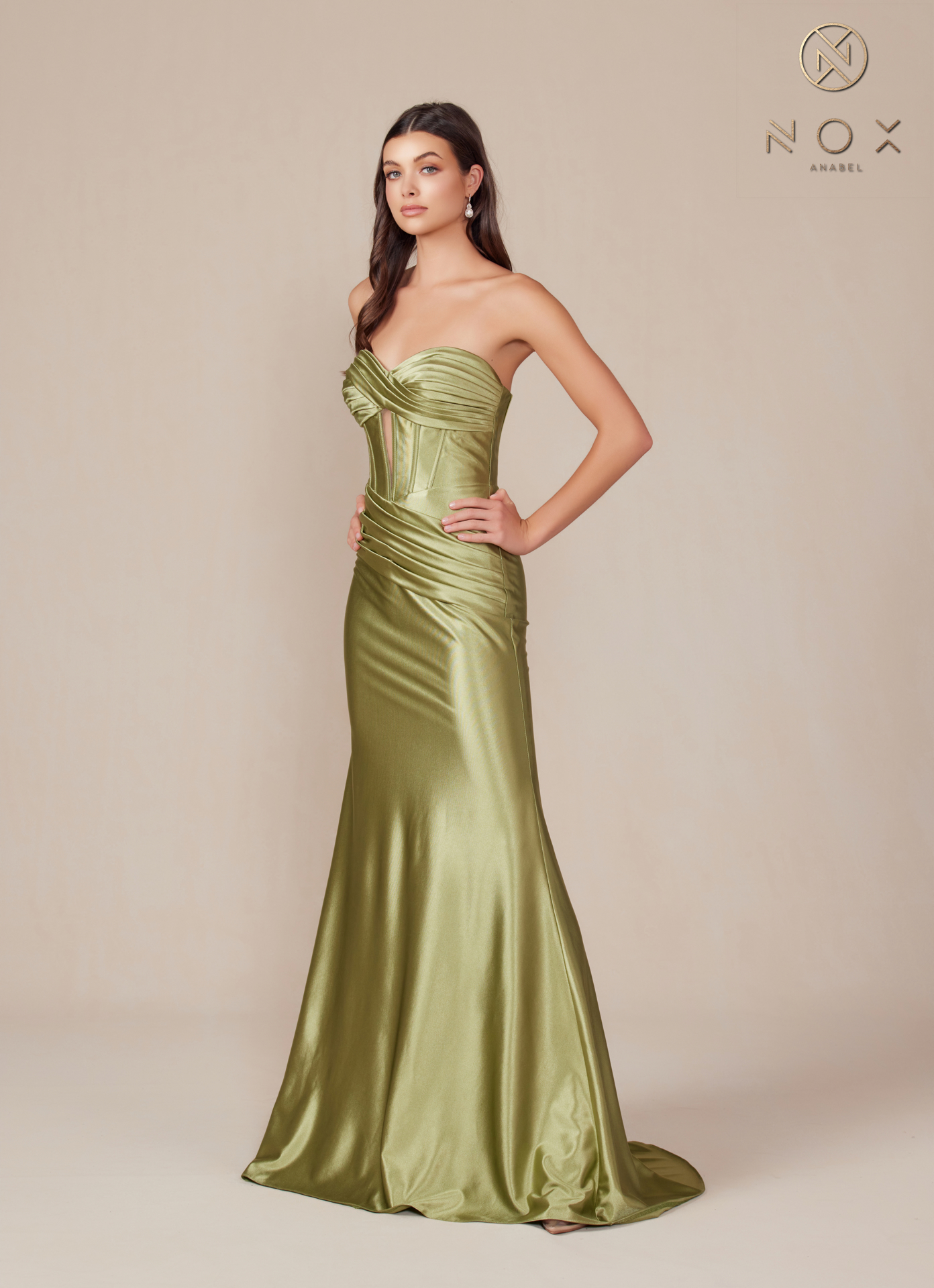 Satin Fitted Strapless Dress sweeping train — Nox Anabel T1500