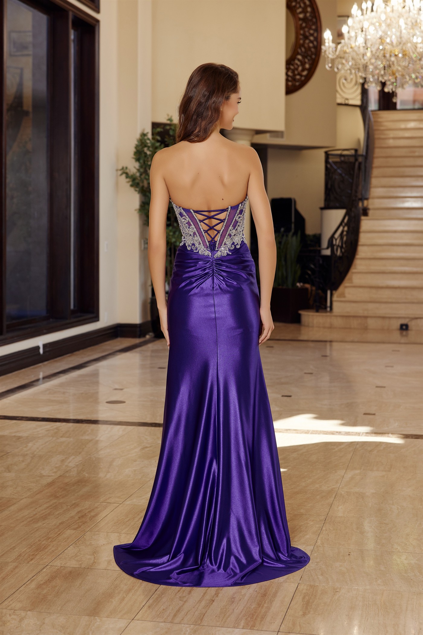 Shiny Satin Long Strapless Fit Plunging Bustline — Nox Anabel T1854