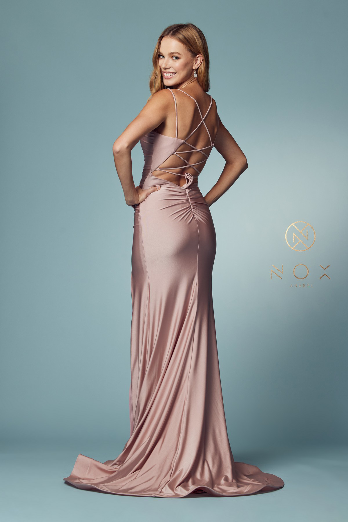 Satin Scoop Neck Gown with Slit — Nox Anabel T481