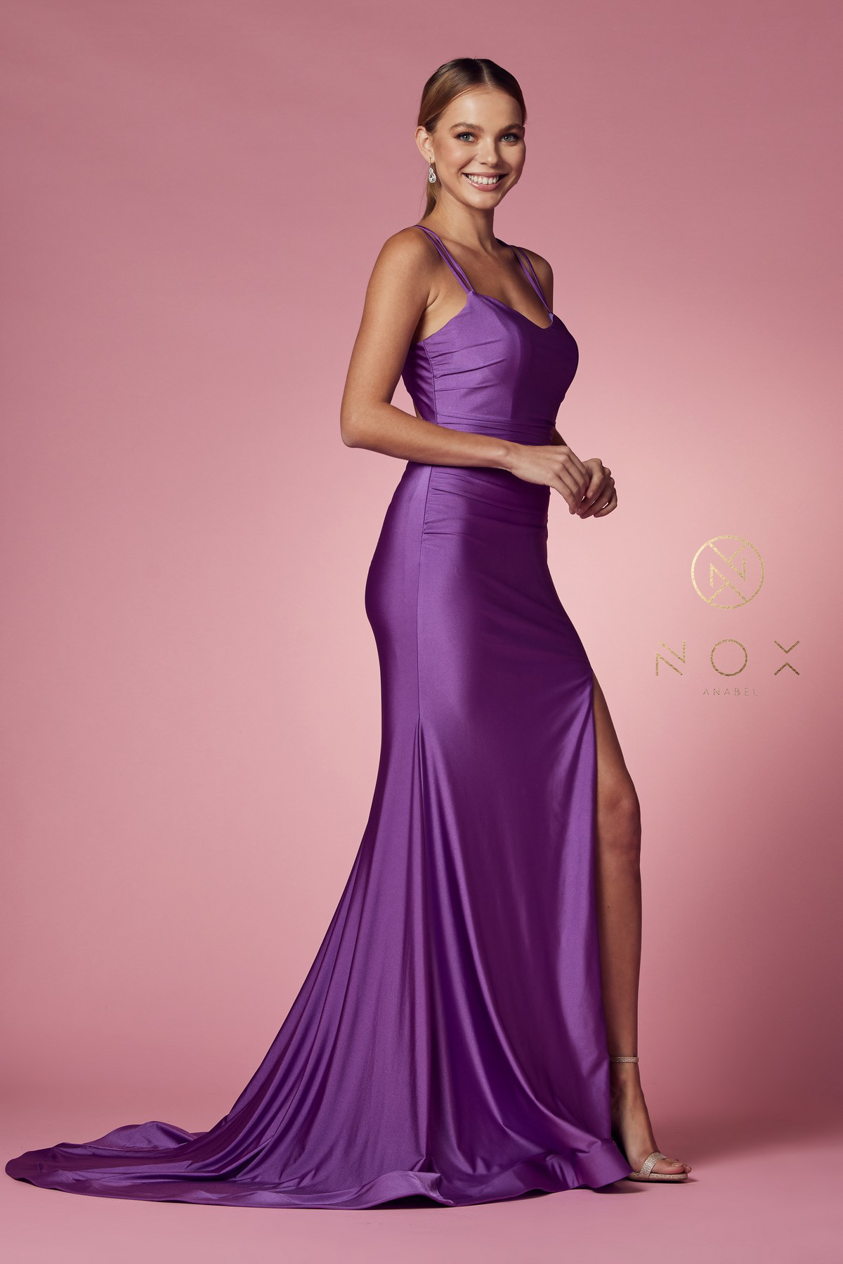 Satin Scoop Neck Gown with Slit — Nox Anabel T481
